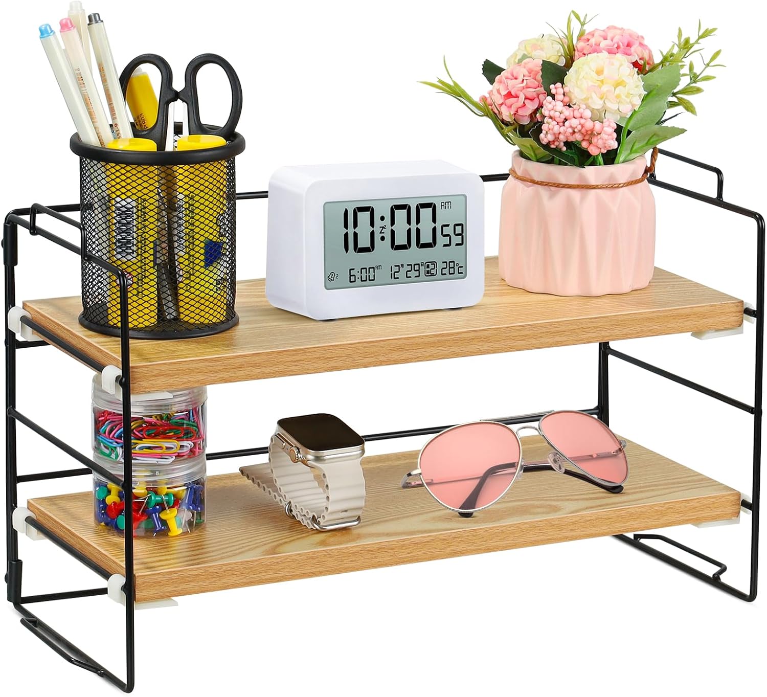 JIIKOOAI Wood Desk Storage Organizer, 2 Tiers Desk Display Shelf
