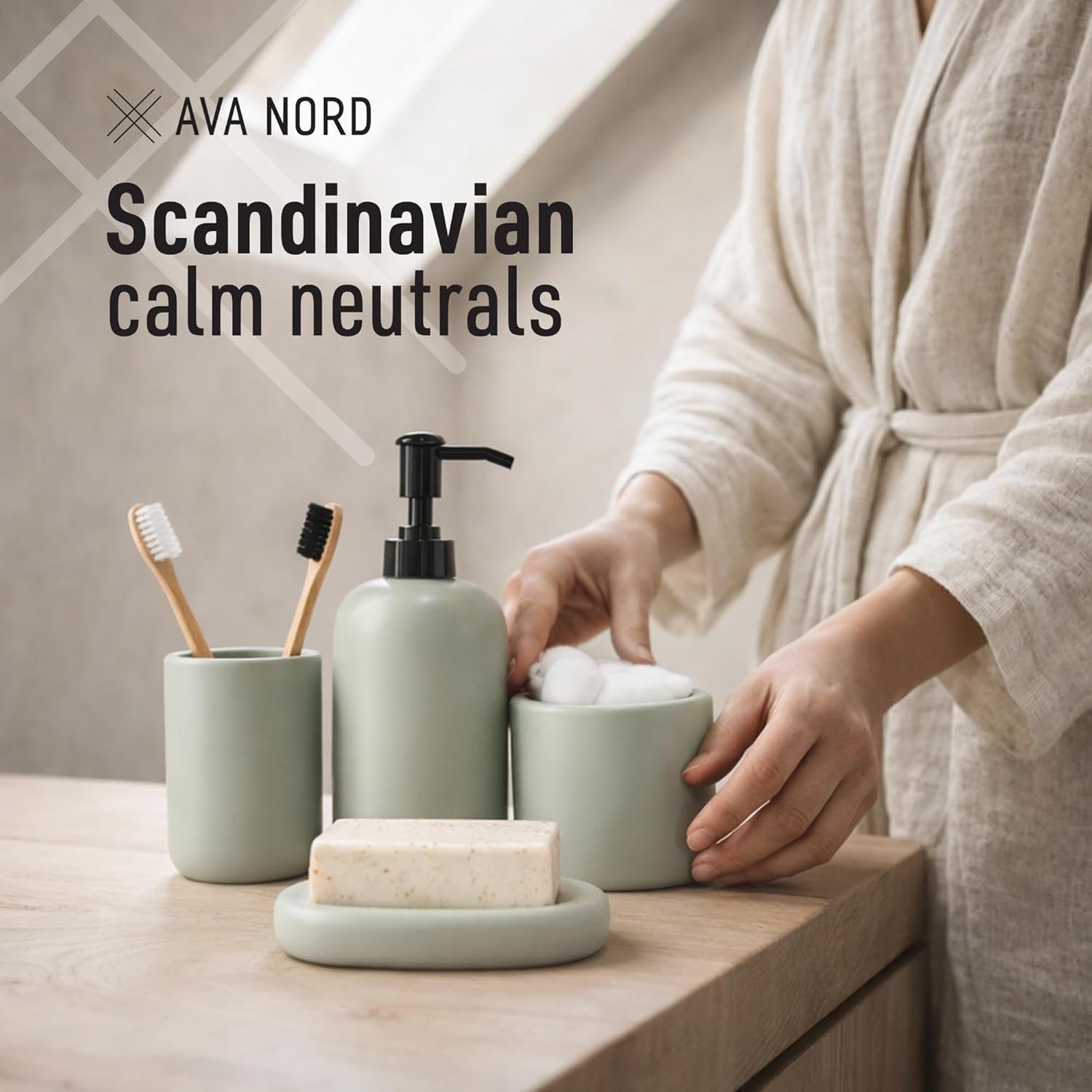 Ceramic Bathroom Accessories Set 4 Pcs – Modern Scandinavian Neutral Bathroom Soap Dispenser Set with Toothbrush Holder, Soap Dish & Cup – Minimalist Bathroom Accessory Set Decor - Sage Green