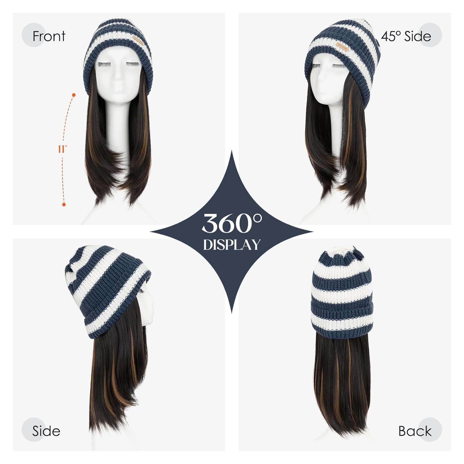 Hairro Beanie Wig Hats With Hair Attached For Women Straight Warm Knitted Hat For Winter Synthetic Pom Pom Slouchy Cable Hat 11" 200g #4P27 Medium Brown&Dark Blonde