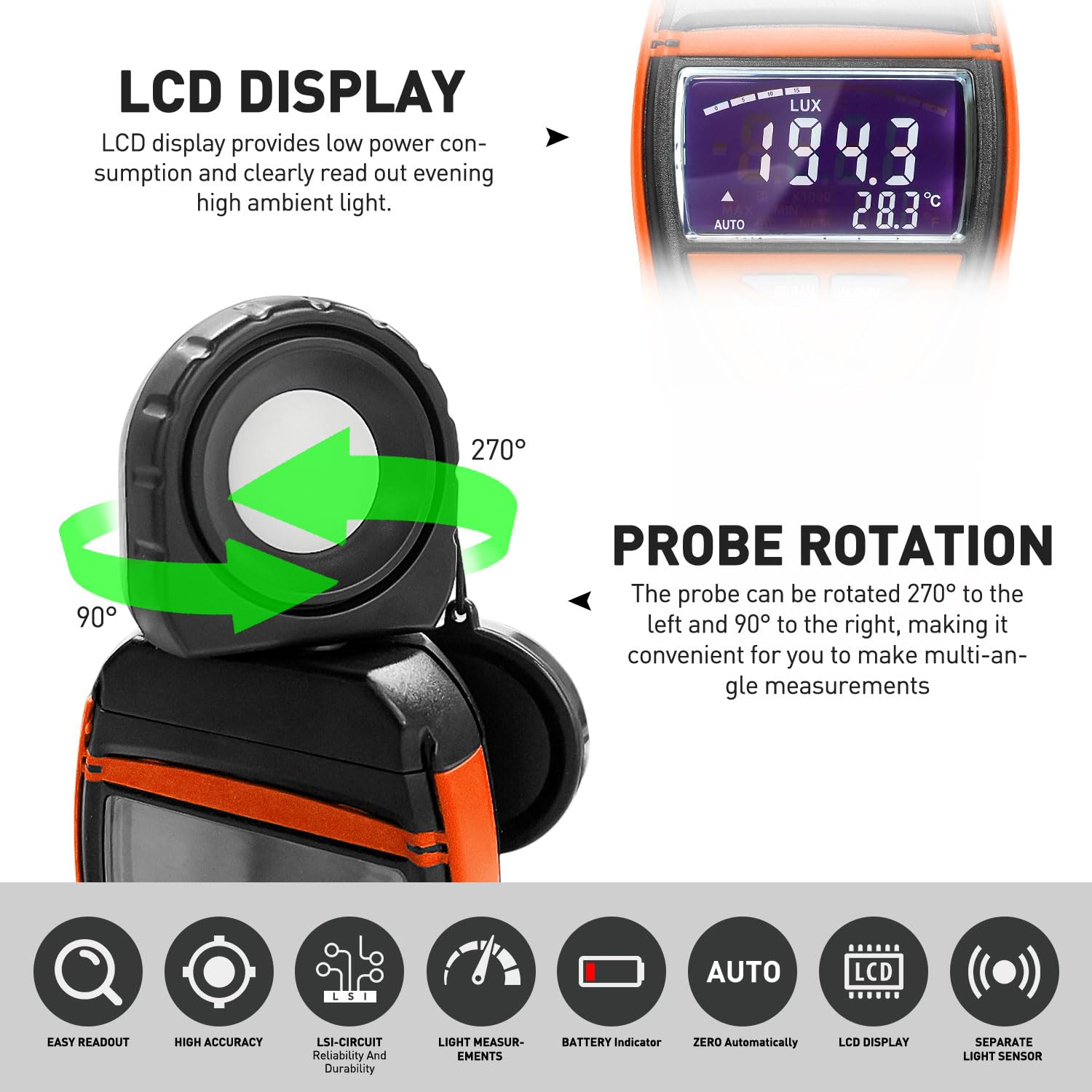 AIOMEST Numérique Luxmeter Photomètre portable 0,1 ~ 400,000 lux avec données, détecteur rotatif à 270° avec écran LCD pour plantes, bureau, éclairage LED, AI-8801B (orange)