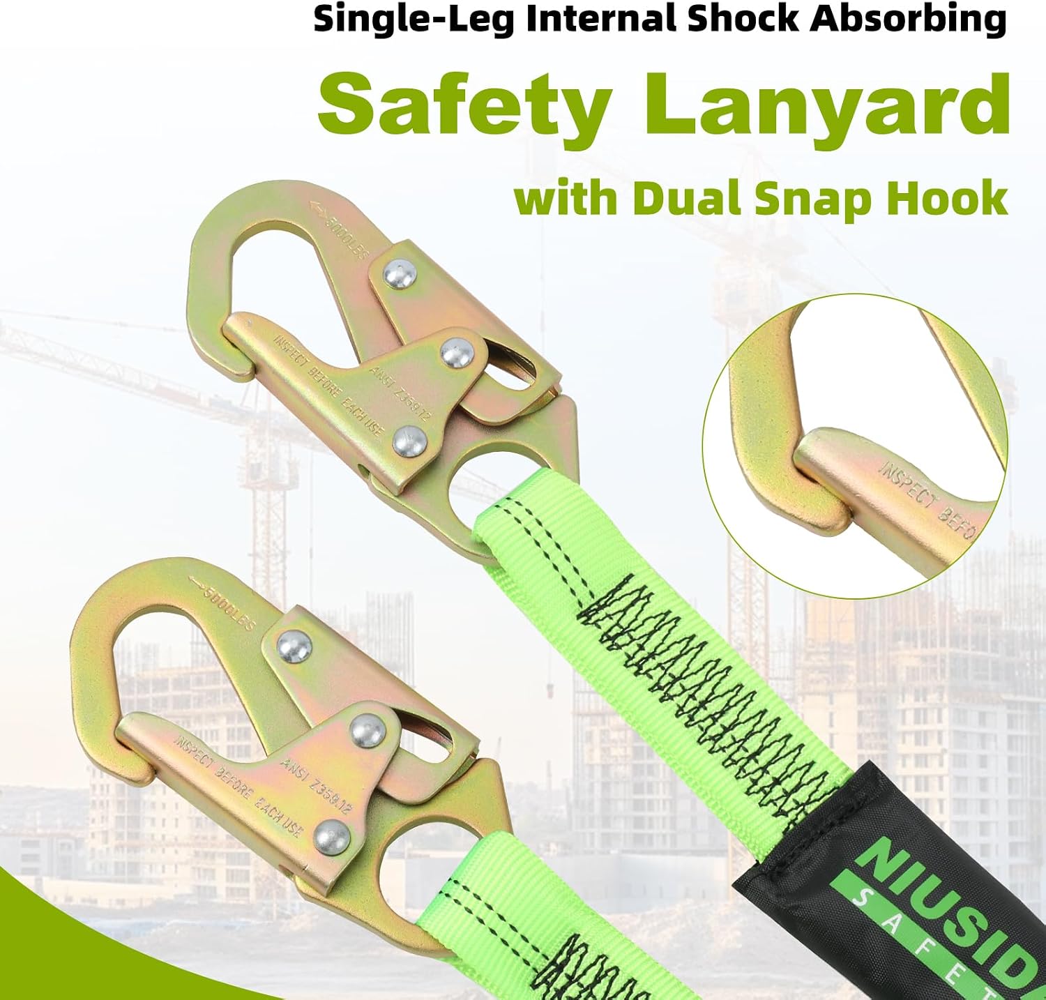 6FT Single Leg Internal Shock Absorbing Fall Protection Safety Lanyard Rope