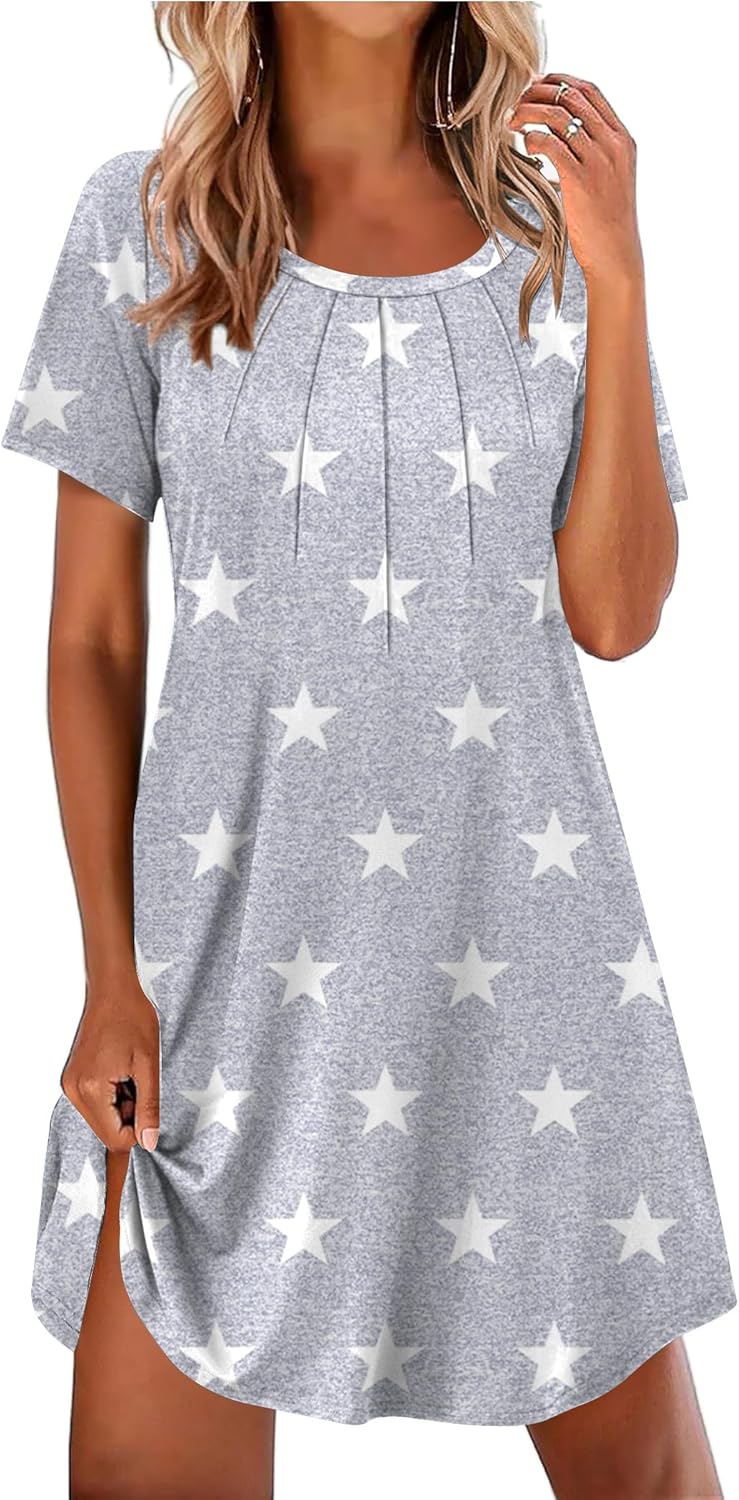 Ekouaer Nightgowns for Women Pleated Nightshirts Short Sleeve Sleepshirts Crew Neck Sleepwear Soft Night Gown Sleepdress