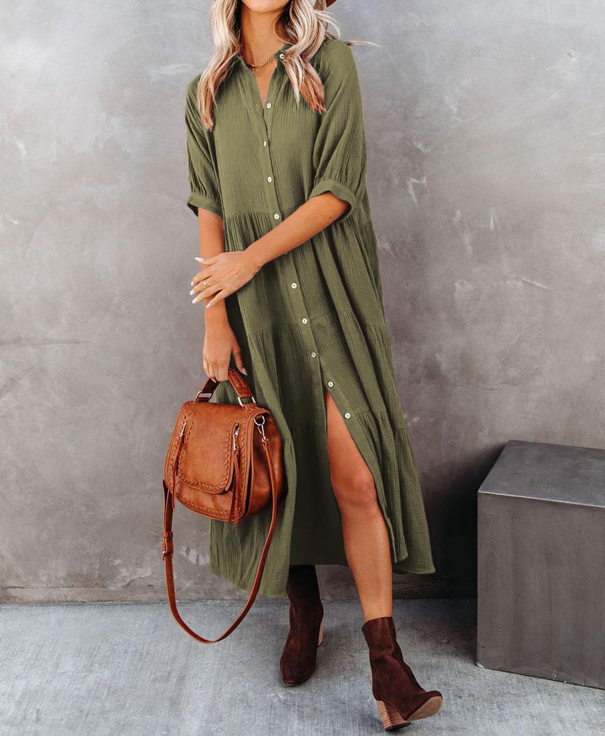 R.Vivimos Women's Summer Cotton Half Sleeves Button Down Casual Loose Slit Midi Dress with Pockets - Image 4