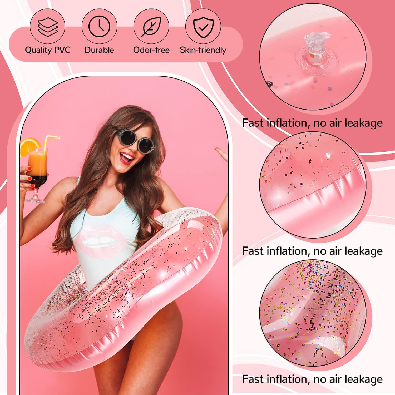 Lenwen 6 Pcs Heart Pool Float, 43"/31" Inflatable Glitter Heart Floatie Tubes Heart Bachelorette Party Prop Heart Summer Swimming Ring for Wedding Betrothal Party Decor