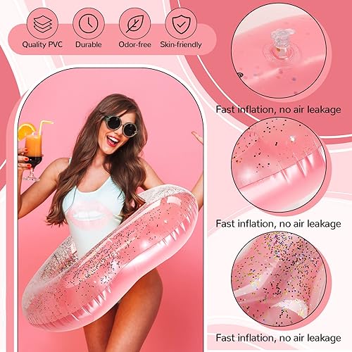 Miniatura 9 de Lenwen 6 unidades de flotador de corazón para piscina a granel, 43 pulgadas31 pulgadas, tubos flotantes inflables de corazón con purpurina para