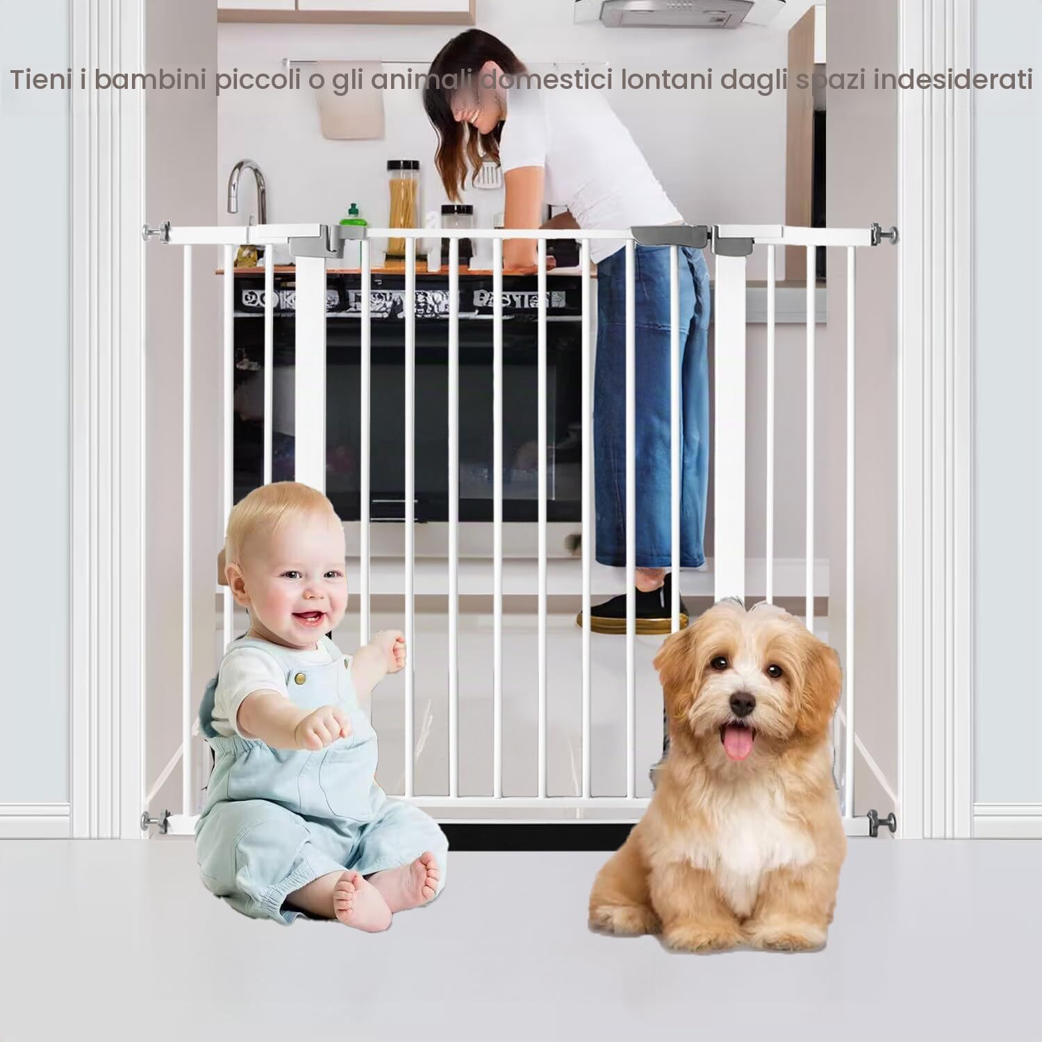 Cancelletto per cani, altezza 104 cm, chiusura automatica, regolabile, larghezza 76-111 cm, montaggio a pressione, per ingresso (bianco, 76-111 cm di larghezza)
