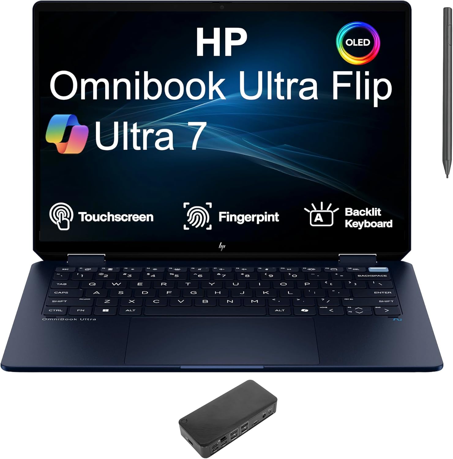 HP Omnibook Ultra Flip Creator 2-in-1 Laptop 14.0" Touchscreen OLED 2.8K Display (Intel Ultra 7-258V, 32GB LPDDR5X, 1TB PCIe SSD, Active Pen, Backlit KB, Fingerprint, Win 11 Pro) w/USB-C Dock