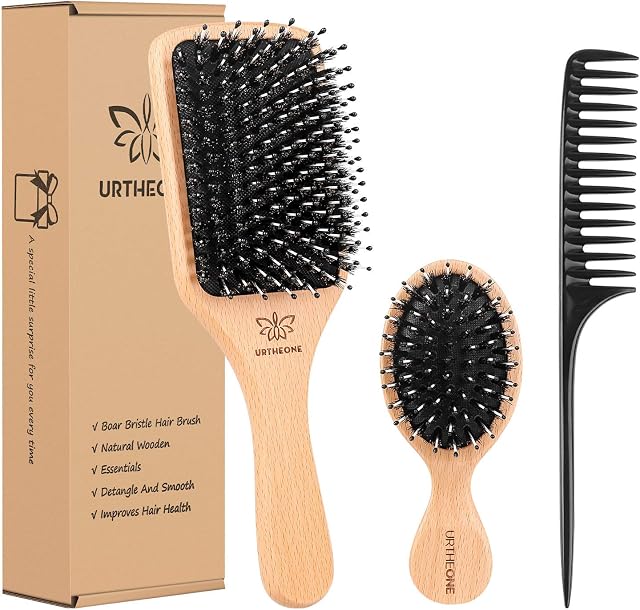 Boar Bristle Hair Brush and Comb Set for Women Men Kids, Best Natural Wooden Paddle Hairbrush and Small Travel Styling Brush for Wet or Dry Hair Detangling Smoothing Massaging