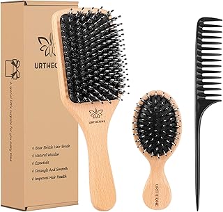 Boar Bristle Hair Brush and Comb Set for Women Men Kids, Best Natural Wooden Paddle Hairbrush and Small Travel Styling Bru...