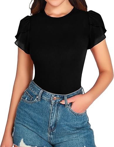 MANGOPOP Short Sleeve Bodysuit for Women Round Neck Womens Tops Blouses Tops for Going Out