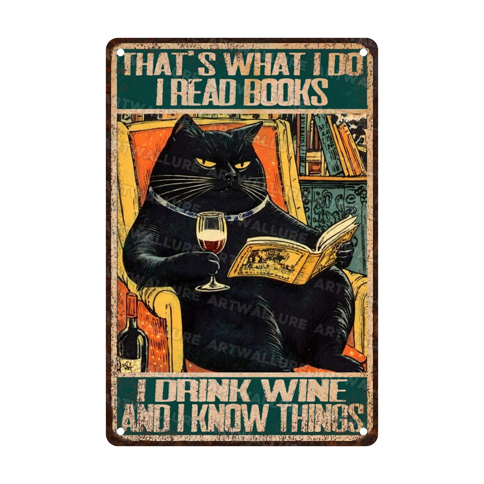 Cat Vintage Sign Funny Reading Book Metal Sign Cat Drinking Wine Sign Wall Decor for Home Home Decor 8x12inch