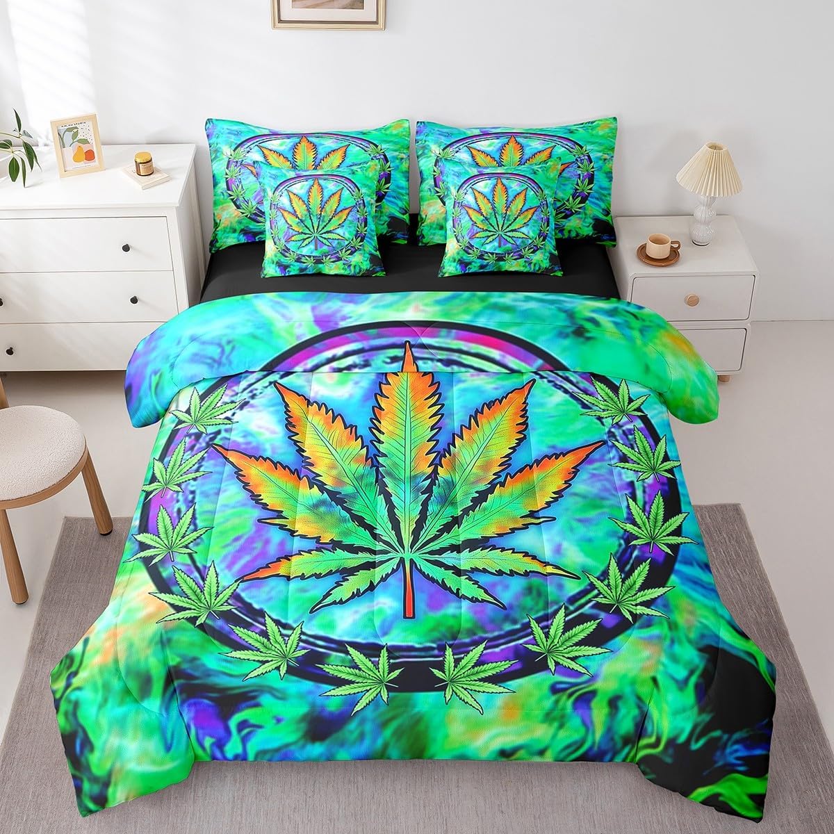 7 Pieces Queen Size Cannabis Leaf Comforter Set,Marijuana Weed Psychedelic Bedding Set for Boys Girls,Tie-dye Graffiti Trippy (Comforter+Fitted+Flat Sheet+2 Pillowcases+2 Throw Pillow Covers)