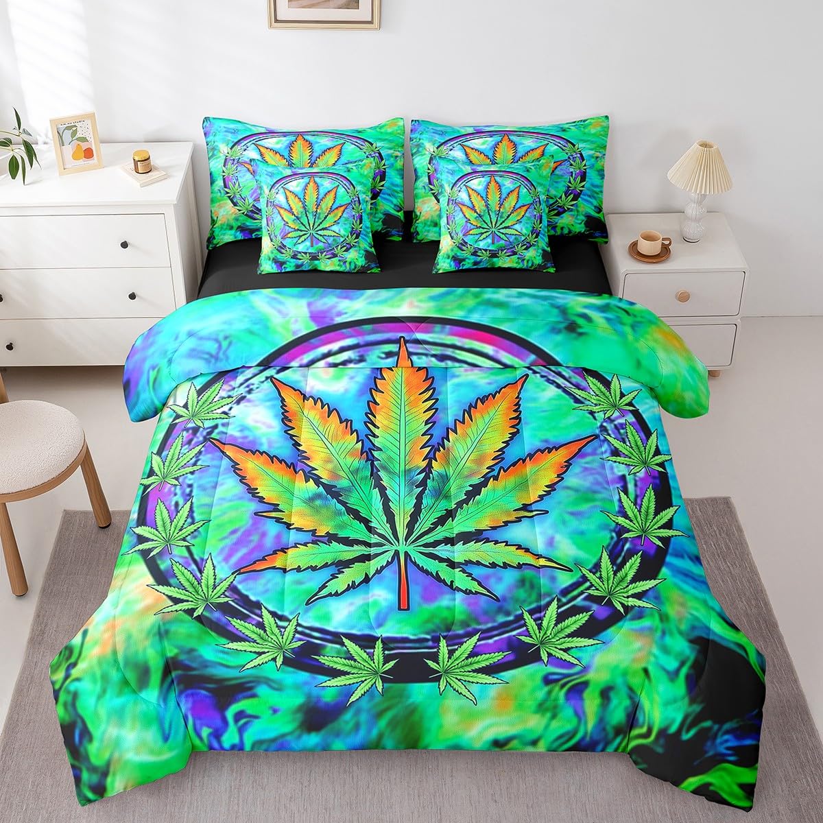 7 Pieces Queen Size Cannabis Leaf Comforter Set,Marijuana Weed Psychedelic Bedding Set for Boys Girls,Tie-dye Graffiti Trippy (Comforter+Fitted+Flat Sheet+2 Pillowcases+2 Throw Pillow Covers)
