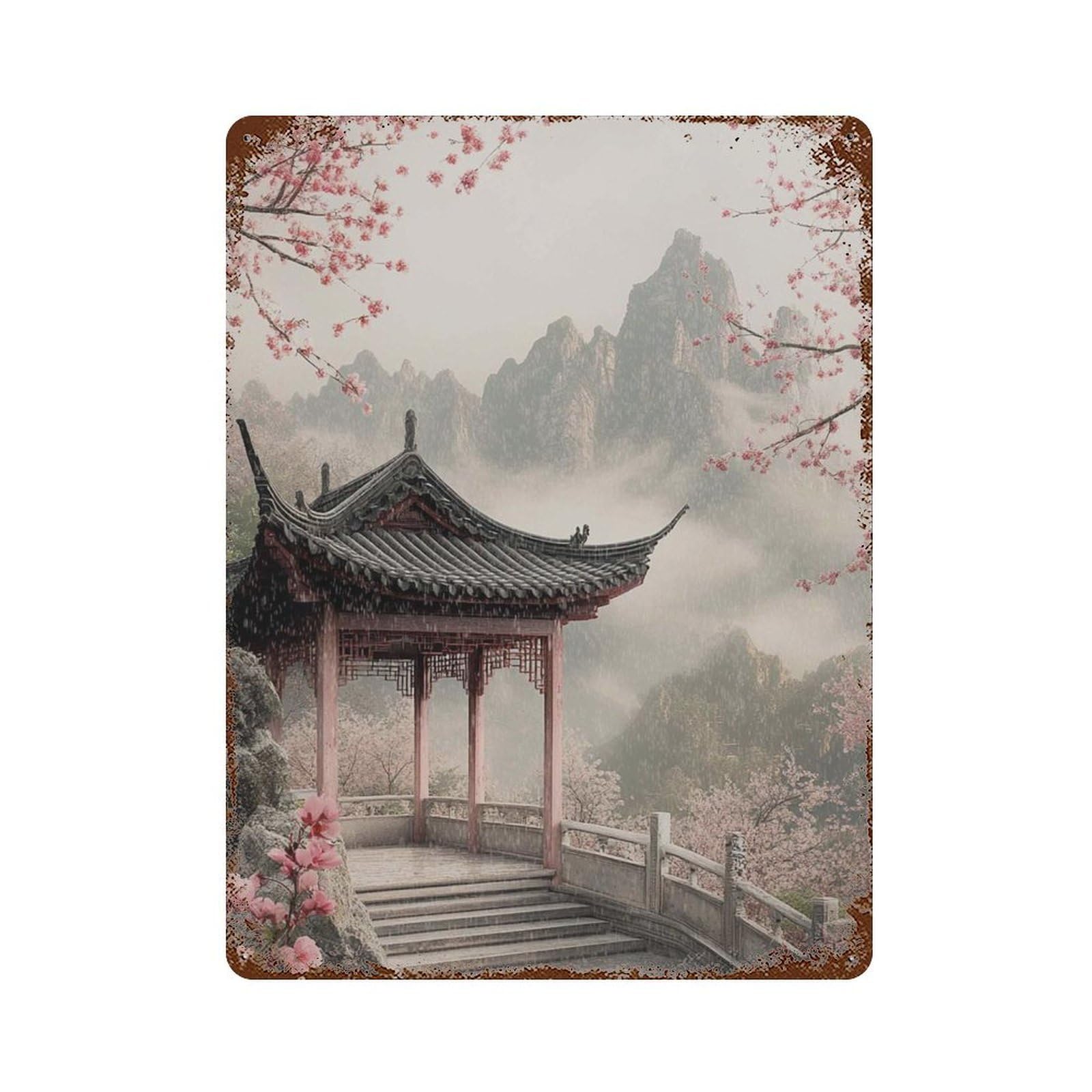 xiaoxiaoshen Cherry Blossom Temple Mountain Landscape Asian Vertical Nature Living Room Bedro Wall Decor Art Metal Tin Poster Modern Home Decor Art Home Bar Shop Decorations Vintage Sign 40x30cm