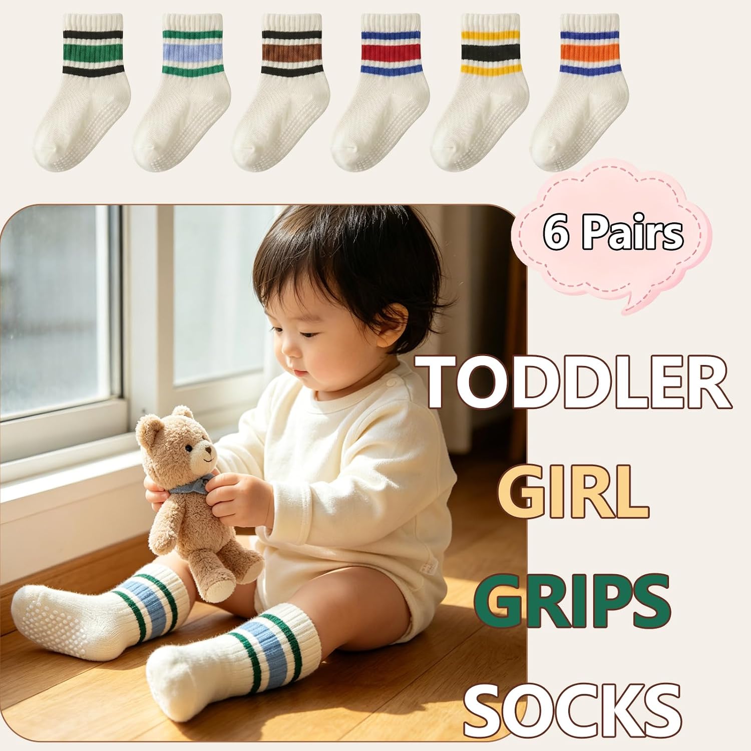 6 Pairs Toddler Boys Non Slip Grip Socks Cotton Striped Crew Seamless Anti Skid Baby Socks for Infants Kids 0-5T