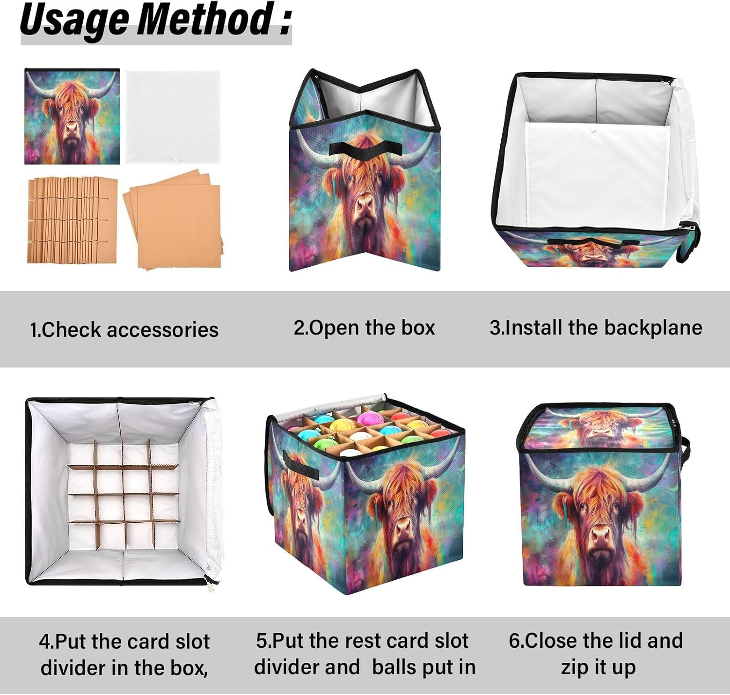 Colorful Highland Cow 13 Inch Christmas Ornament Storage Box with Lid - Holiday Decor Storage Containers, Stores 64 Ornaments, 3 Inch Cube Compartments