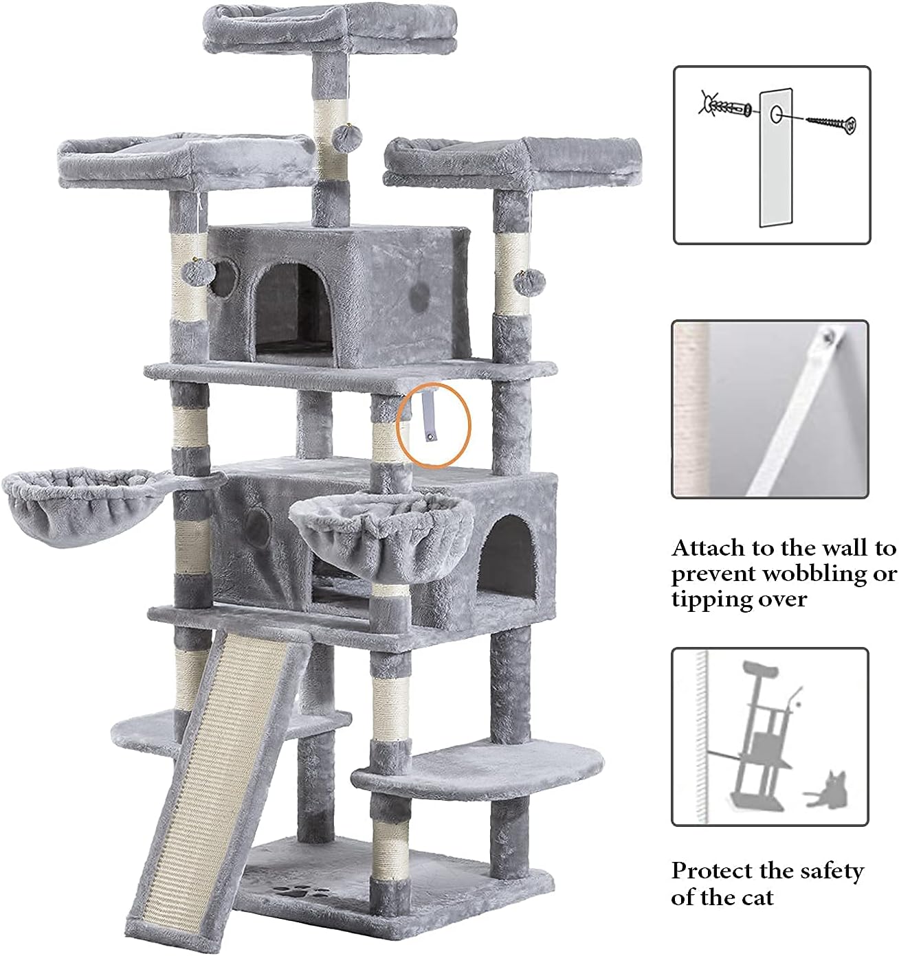 IMUsee 68 Inches Multi-Level Large Cat Tree for Large Cats/Big Cat Tower with Cat Condo/Cozy Plush Cat Perches/Sisal Scratching Posts and Hammocks/Cat Activity Center Play House/Grey