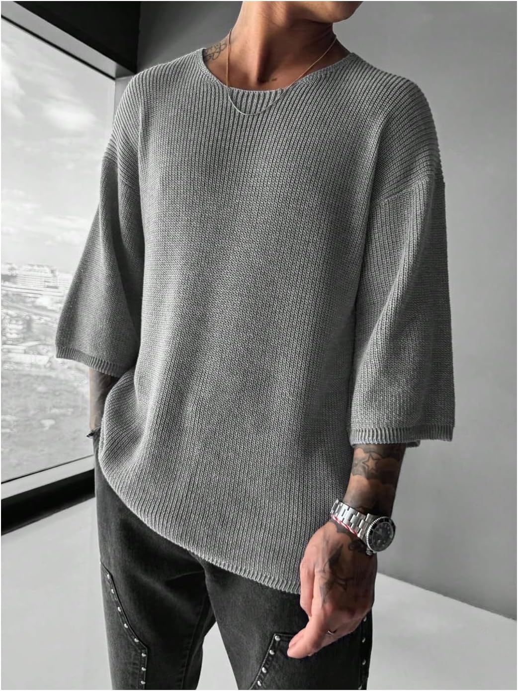 Verdusa Men's Drop Shoulder 3/4 Sleeve Sweaters Crew Neck Ribbed Knit Tops - Image 2