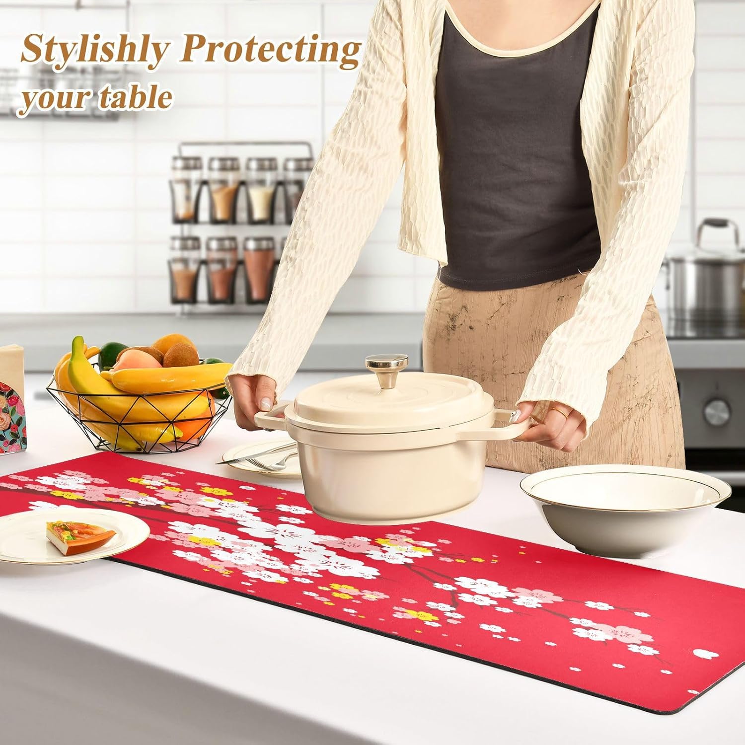ALAZA Japaneses Sakura Tree Cherry Bloom Trivet Table Runner 40 Inches Long Trivet for Hot Pots and Pans/Hot Dishes,Table Protector Heat Up to 230F, Decorative Hot Plates Mat for Kitchen Countertop