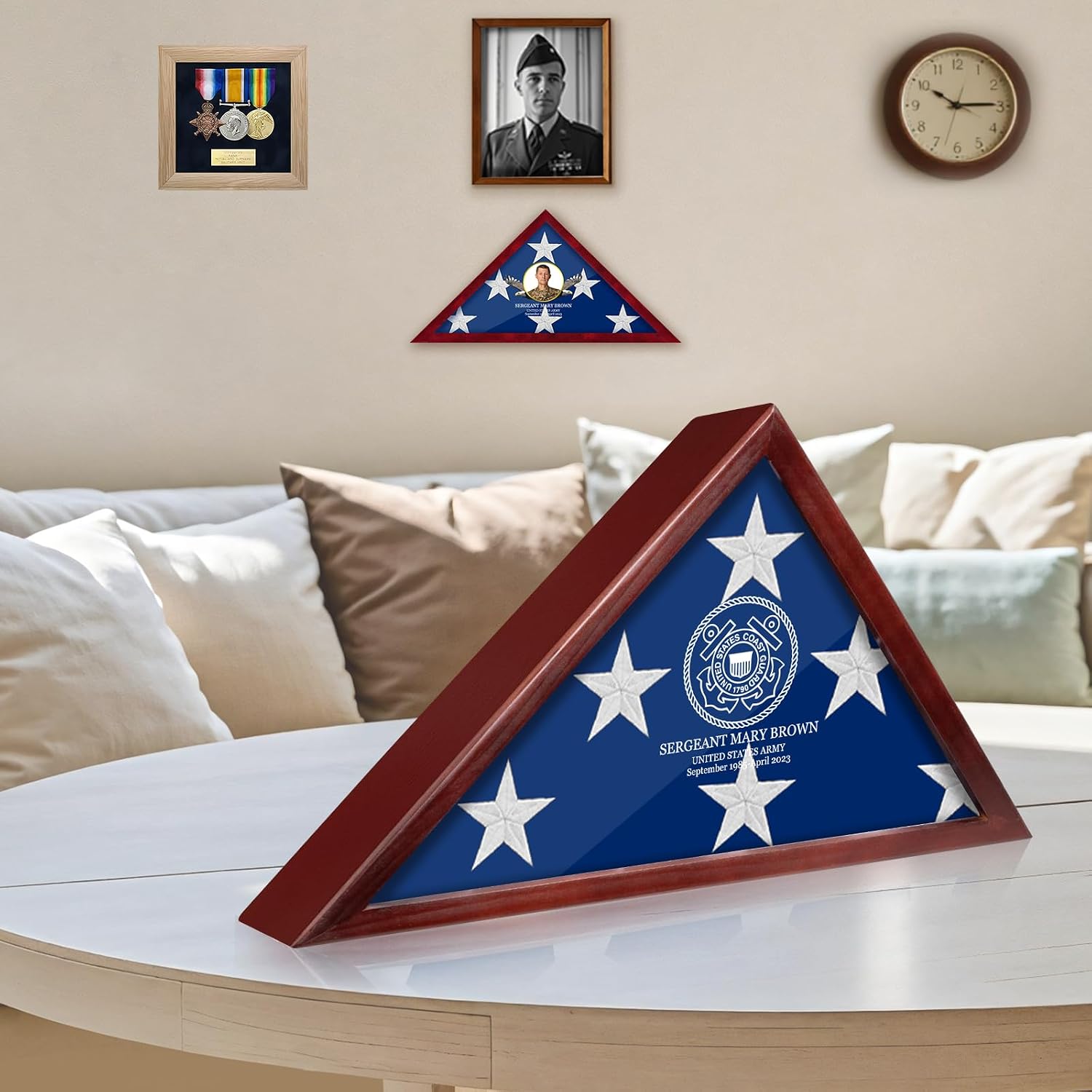 Personalized Military Flag Display Case for Burial Flag - Solid Wood Veteran Memorial Shadow Box with Custom Engraving, Wall Mount or Desktop, Fits 3x5ft / 5x9.5ft Funeral Flag - 17inch