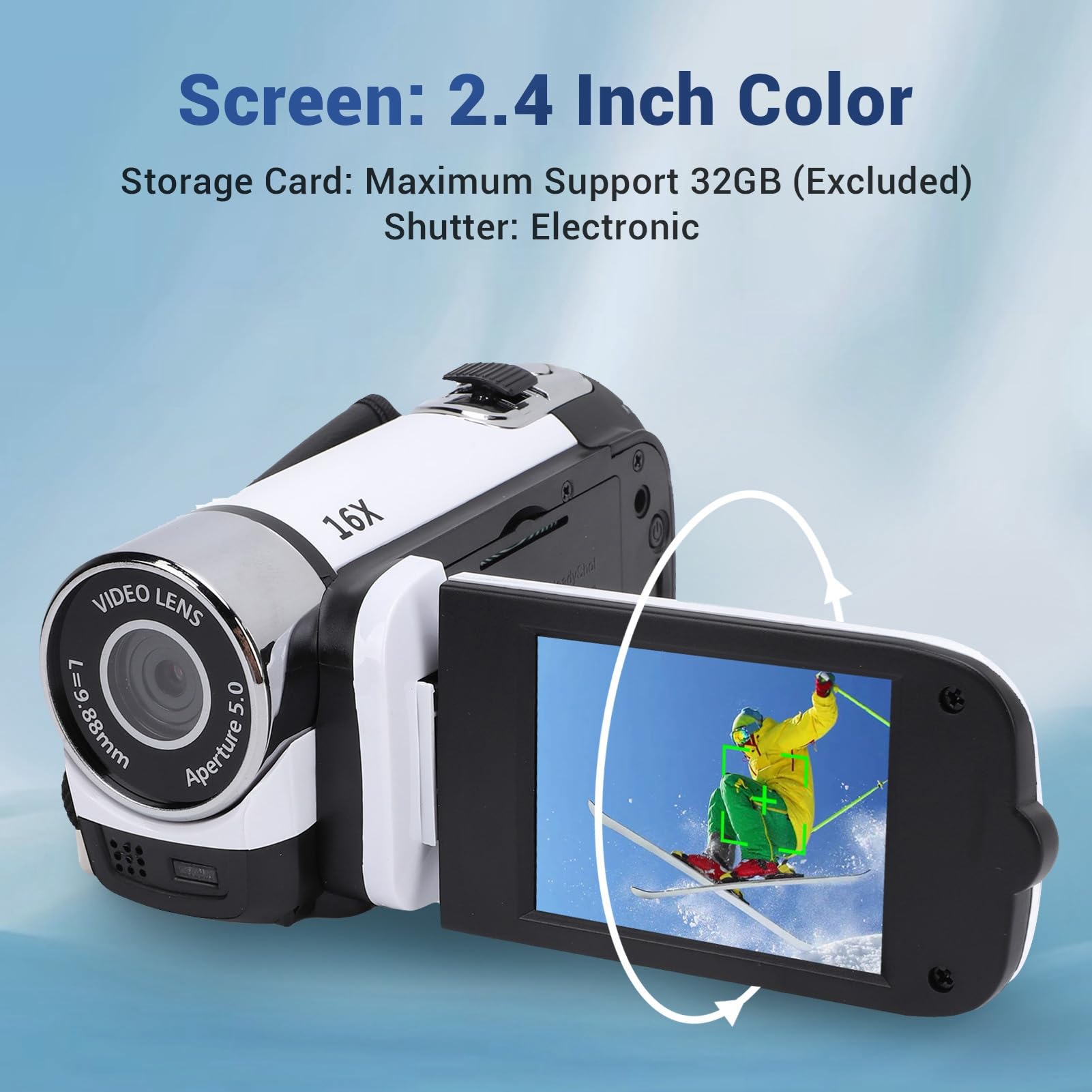 Asixxsix Videocamera con Zoom Digitale da 16 Pollici, Videocamera 1080P da 16 MP con Schermo da 2,4 Pollici con Luce di Riempimento, Uscita USB, Supporta Selfie e Microfono Esterno (WHITE)
