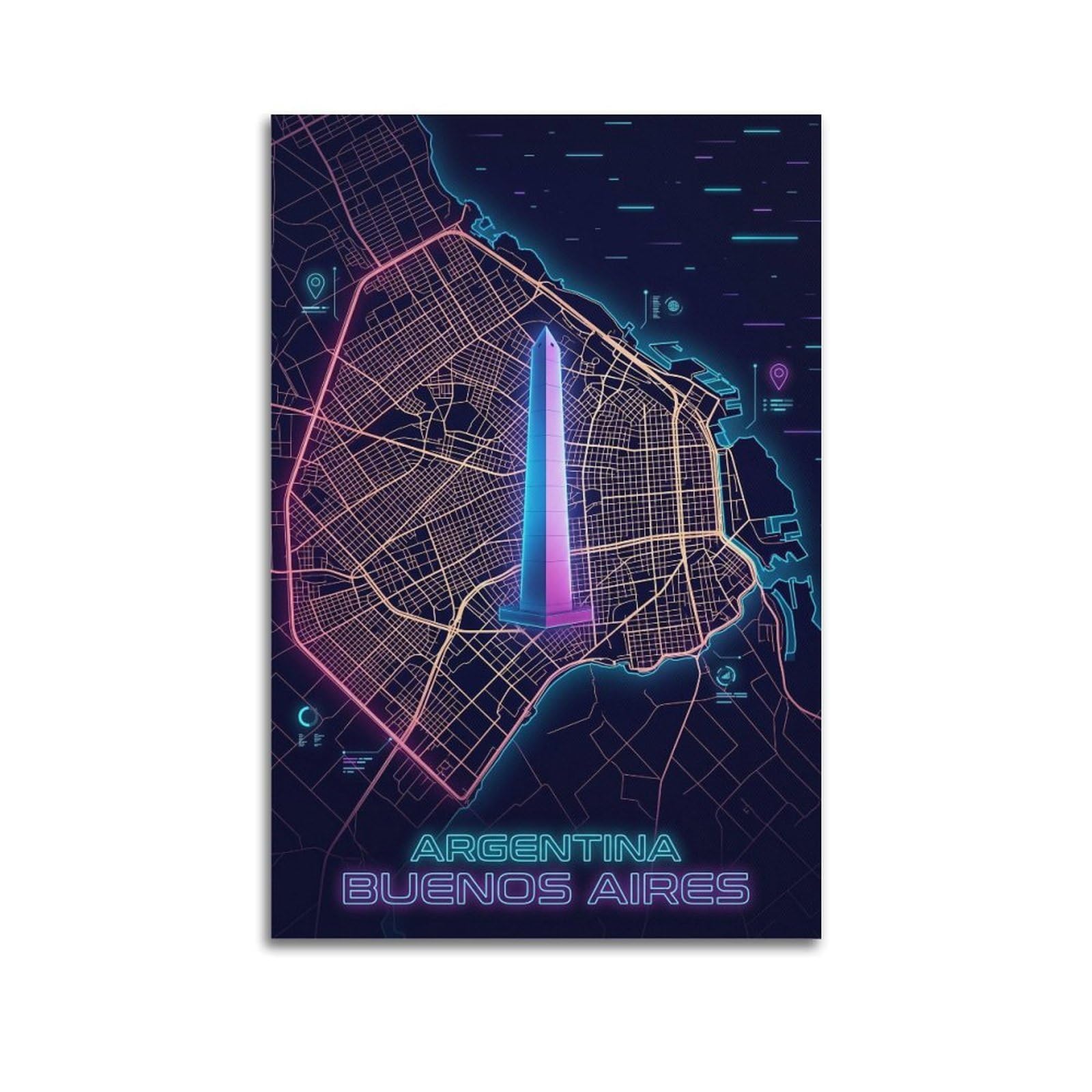 XKUGA Gamer Room Aesthetic Aires Argentina Map Poster Modern Decorative Canvas Prints - Ideal Wall Art for Family, Man Cave, Game Room, Boys & Girls Bedroom 24x36inch(60x90cm)
