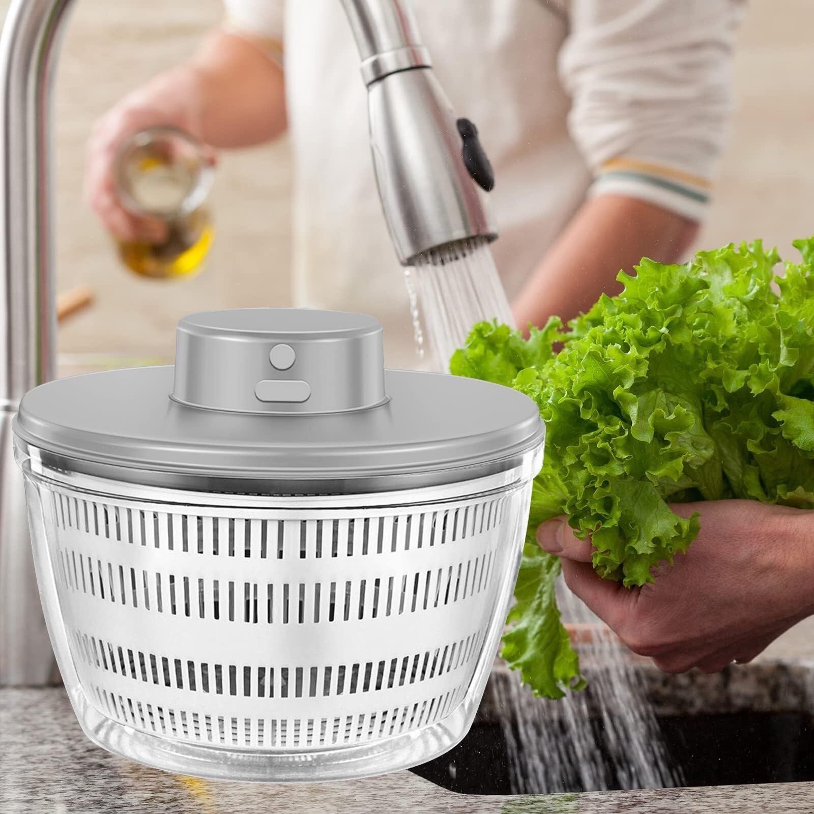 Elektrische Salatschleuder mit Schüssel und Sieb für effizientes Trocknen von Gemüse, Kräutern und Früchten