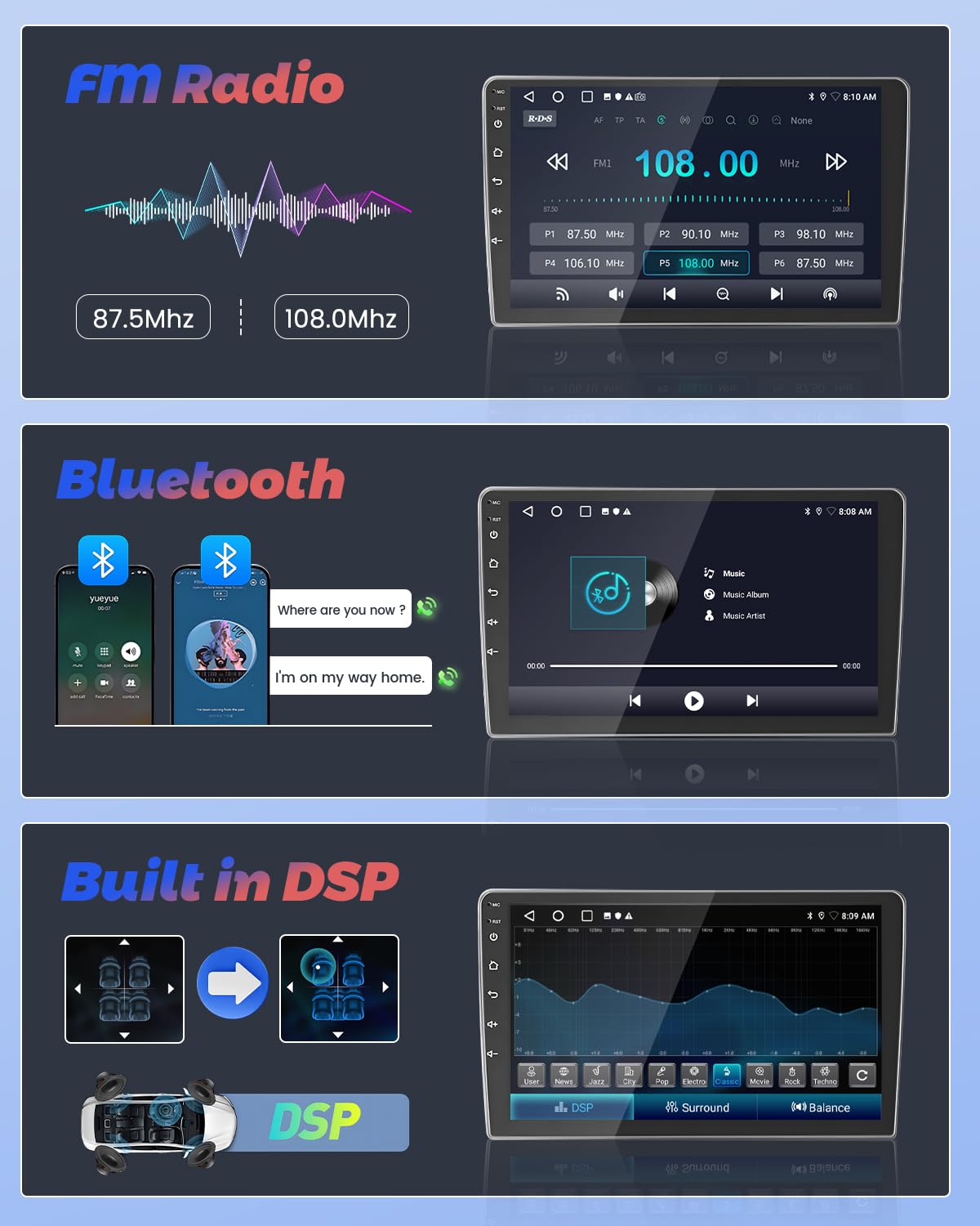 Hikity Autoradio Carplay 1 Din Android 9 Pouces Écran Tactile HD
