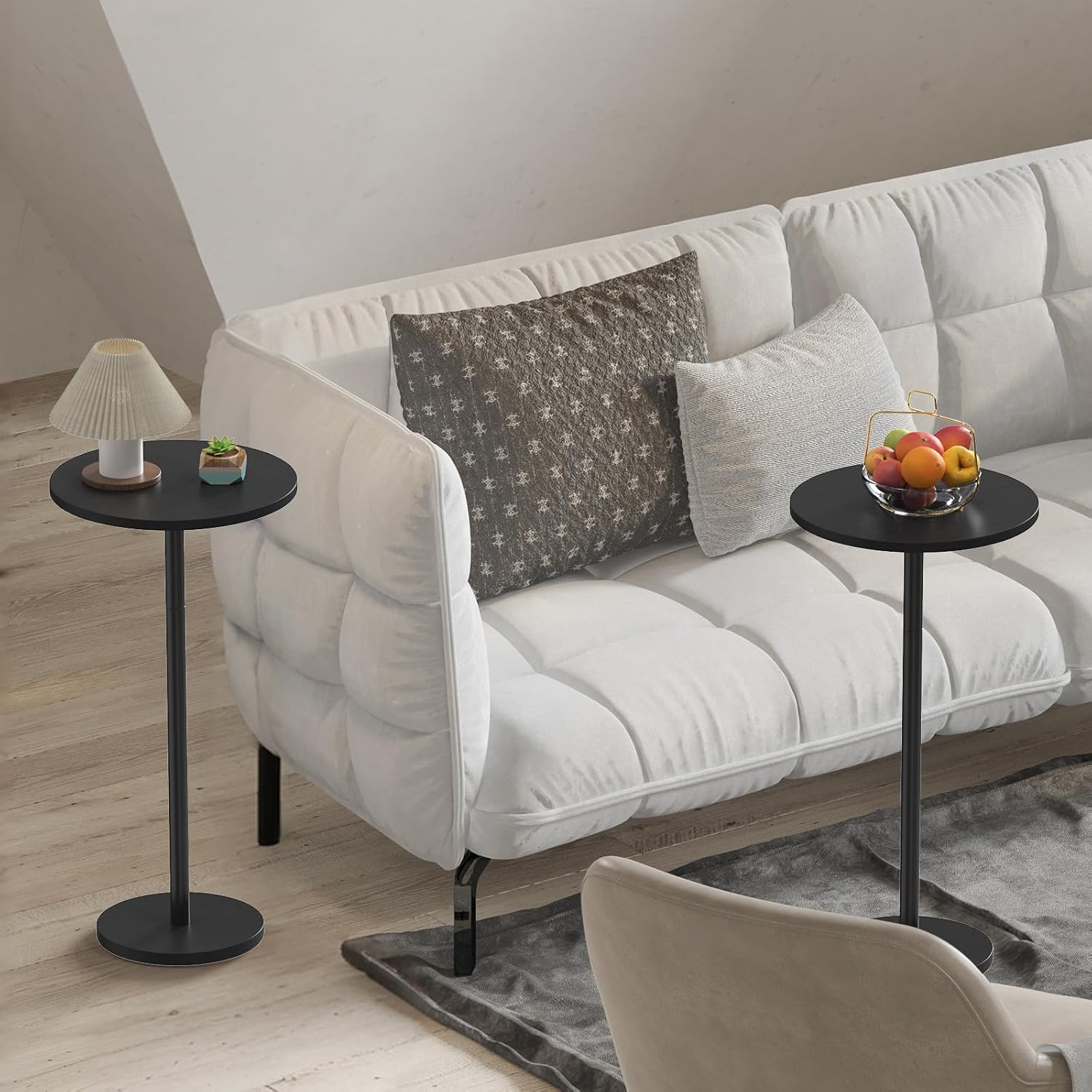 Round Small Side Table Set of 2, Drink Tables for Small Spaces Pedestal Side Table Black for Sofa, Circle End Tables for Living Room, Bedroom and Balconty