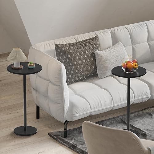 Miniatura 4 de Juego de 2 mesas auxiliares redondas pequeñas, mesas de bebidas para espacios pequeños, mesa auxiliar de pedestal negra para sofá, mesas auxiliares