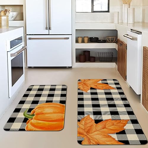 Miniatura 4 de Juego de 2 tapetes y tapetes de cocina a cuadros de otoño, calabaza naranja y hoja de arce para piso, decoración del hogar, decoración del hogar,