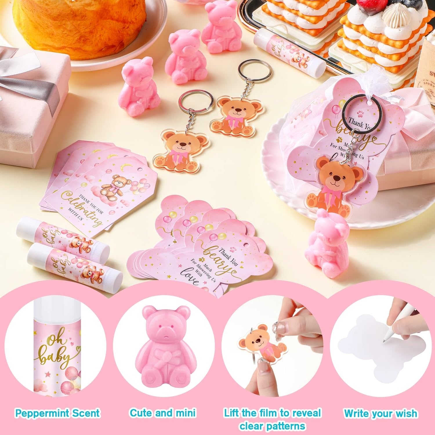 288 Baby Shower Favors Baby Shower Gifts Bulk Lip Balms Soaps Keychains Organza Bags Guest Appreciation Gift with Thank You Tags and Cards for Guest Gift(Pink,Bear)