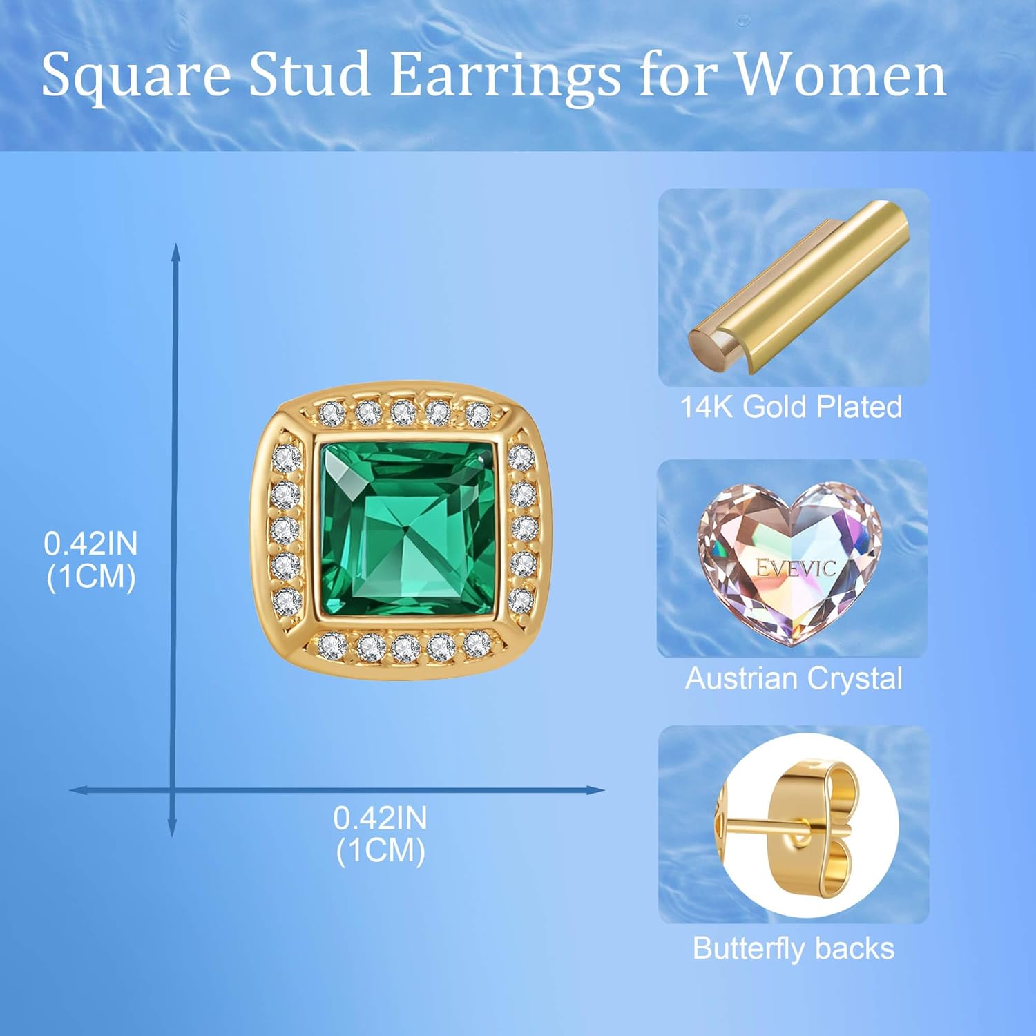 EVEVIC Austrian Crystal Square Stud Earrings for Women 14K Gold Plated Halo Birthstone Earring Jewelry Gifts - Image 6