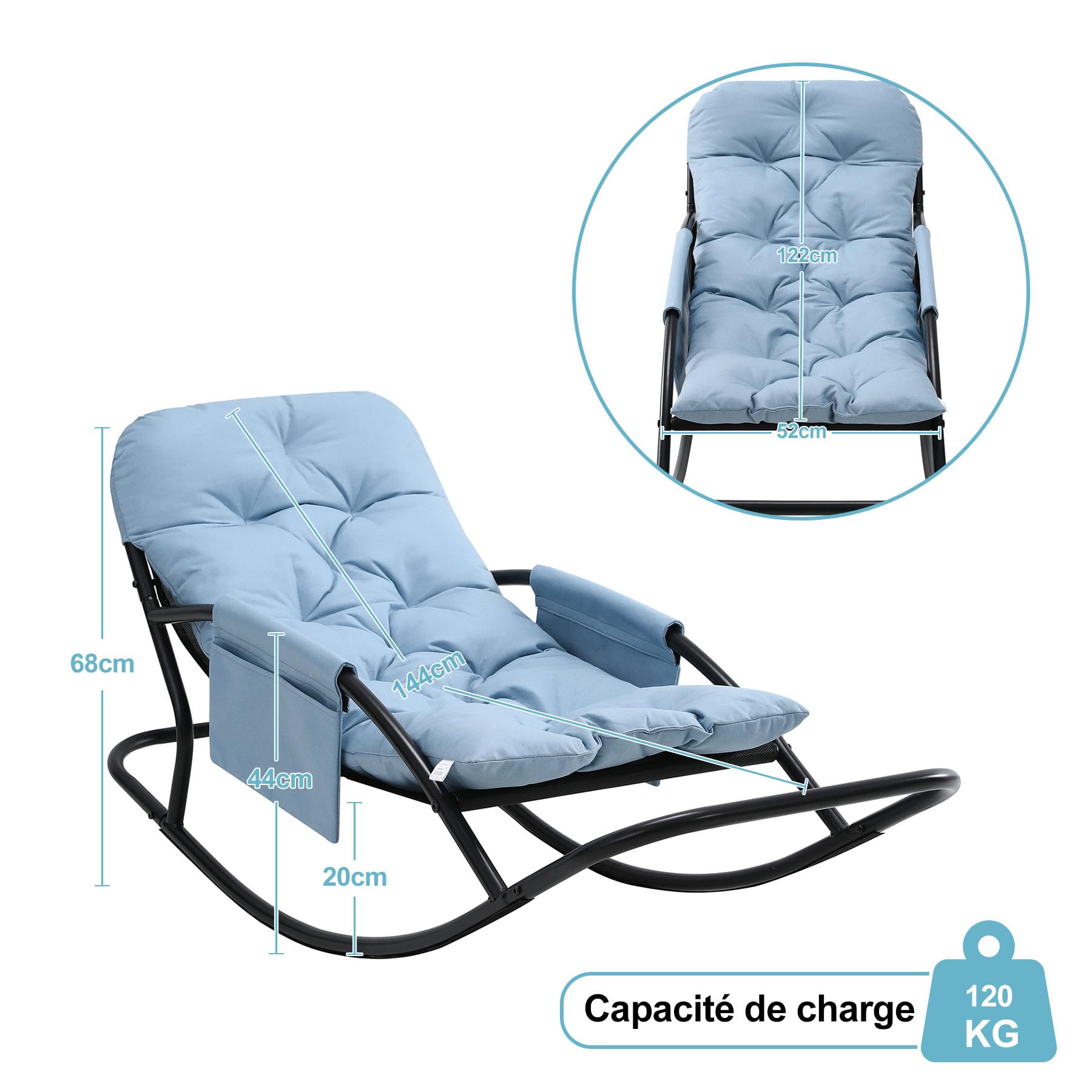Fauteuil à Bascule Extérieur, Rocking Chair Papasan avec Coussin et Cadre, Cadre en métal Soutien des Pas, pour Chambre, Salon, Terrasse, Jardin,capacité de Charge 120 kg,Tissu Technique