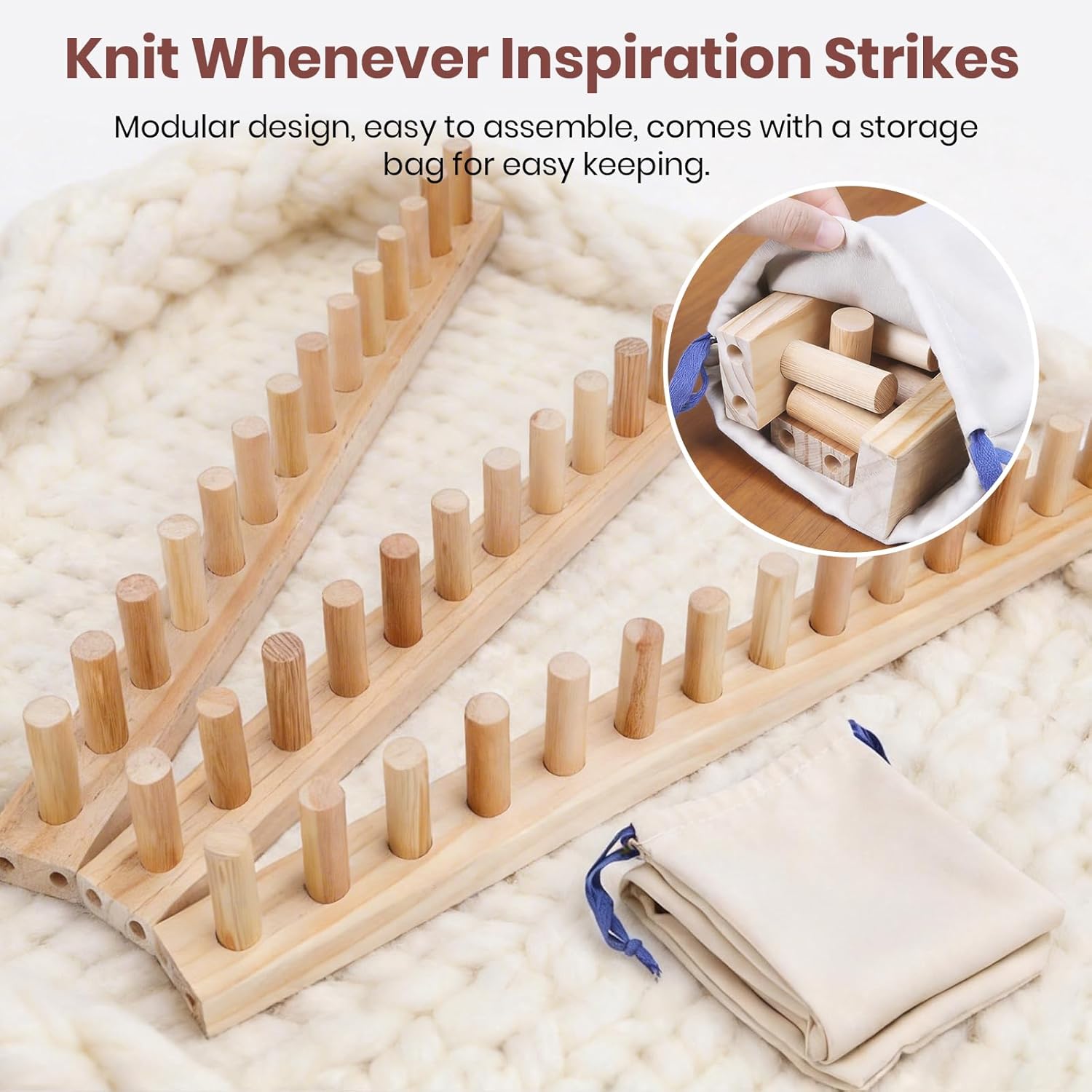 konzition Solid Wood Chunky Blanket Loom for Bulky Yarn to Knit Without Needles - Modular Chunky Yarn Loom for Blankets & Scarves - Available in 32"/48"/72" - with Storage Bag, Stress Relief DIY Gift