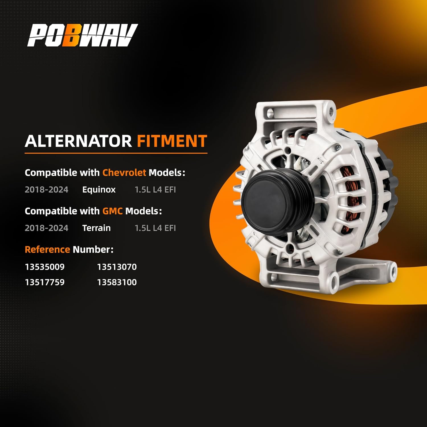 13535009 Alternator 12V 130A Compatible with Chevrolet Equinox 2018–2024 1.5L & GMC Terrain 2018–2024 1.5L, Replacement 13517759 13513070 13583100