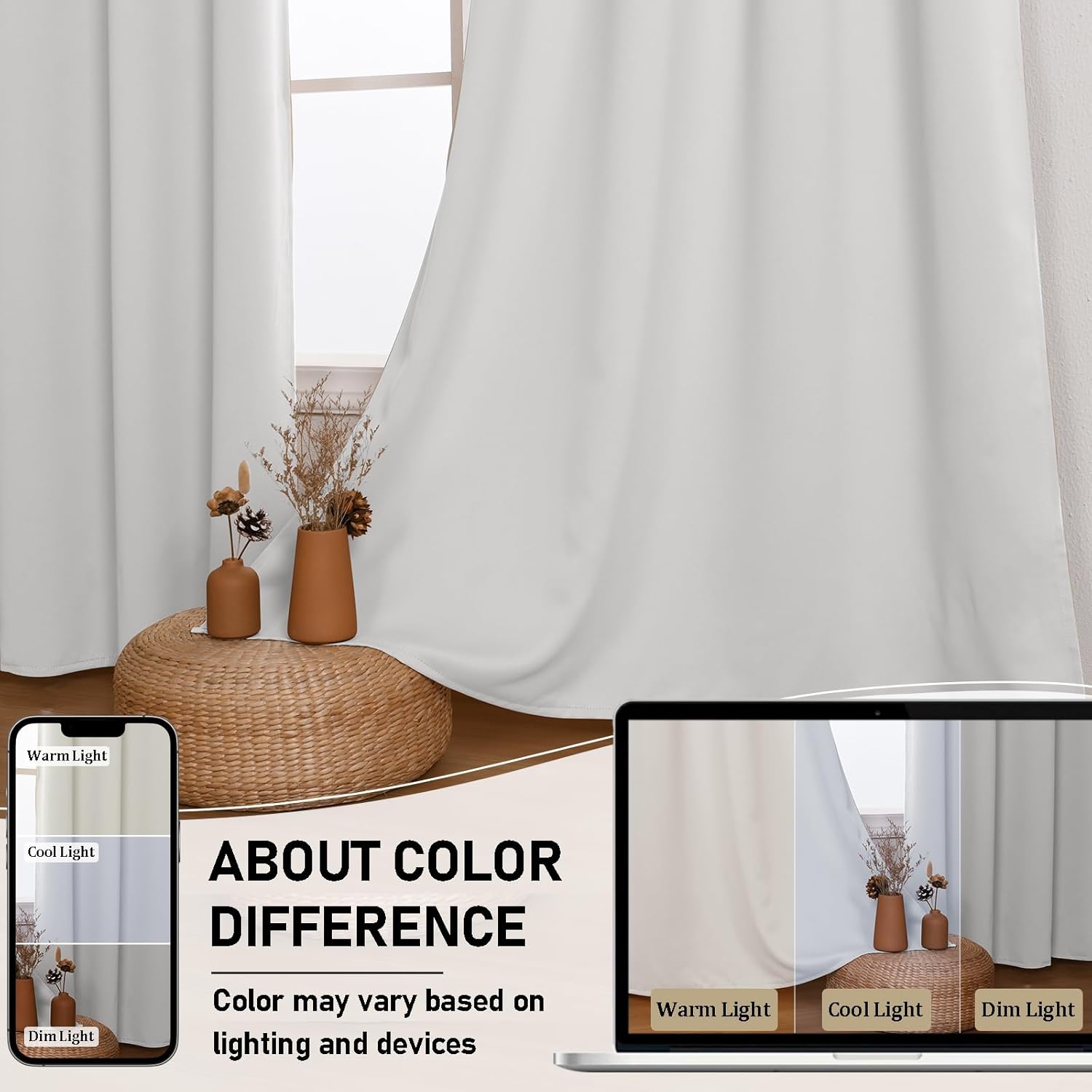 JIUZHEN Blackout Curtains with Tiebacks - Thermal Insulated, Light Blocking and Noise Reducing Grommet Curtain Drapes for Bedroom and Living Room, Set of 2 Panels, Greyish White, 42 x 63 Inch Length