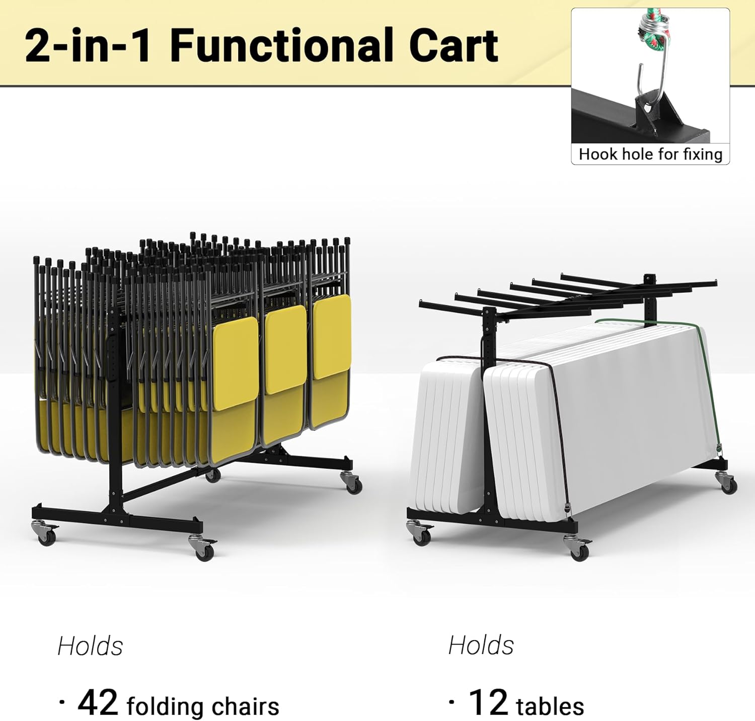 Folding Chair Rack, Heavy-Duty Folding Chair Cart with Swivel Wheels, 600 LBS Capacity for 12 Tables or 42 Chairs, Chair and Table Cart w/Dust Cover and 2 Binding Ropes, 72”L x 33”W x 42”H