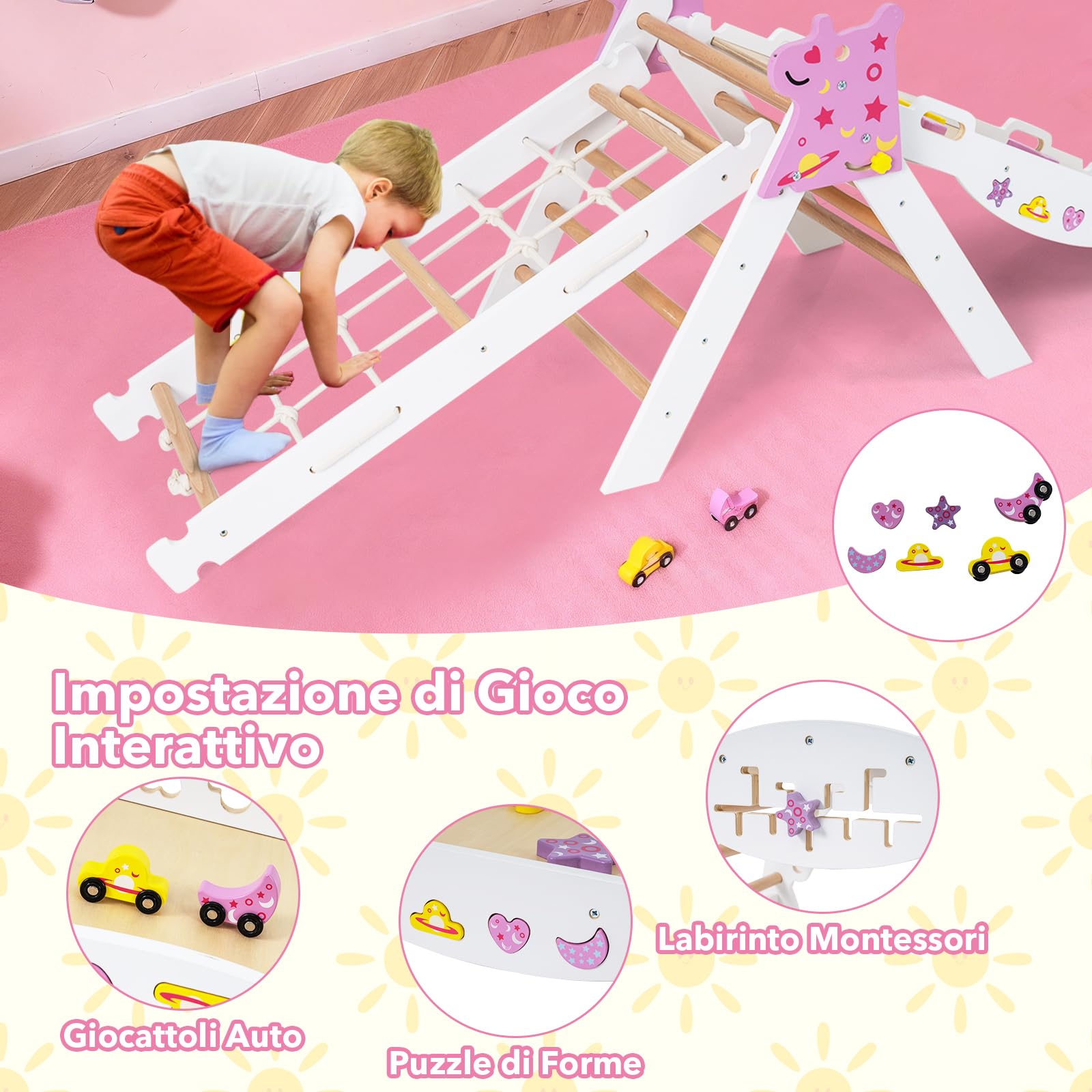 RELAX4LIFE Set da Arrampicata per Bambini, Triangolo di Arrampicata con Scivolo e Arco, Gioco di Incastri in Legno, Gioco Montessori per Bambini 1+ Anni (Unicorno-4 Pezzi | Bianco)
