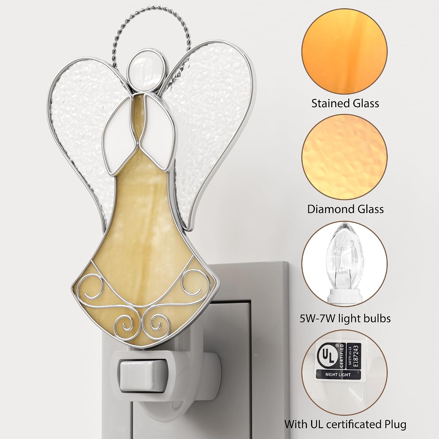 Angel Night Light Plug in Yellow Stained Glass Silver Chrome Night Lights Plug into Wall for Wall Socket Decor Nightlight for Bedroom Hallway Kitchen Home Gifts for Mom Mothers Day Birthday