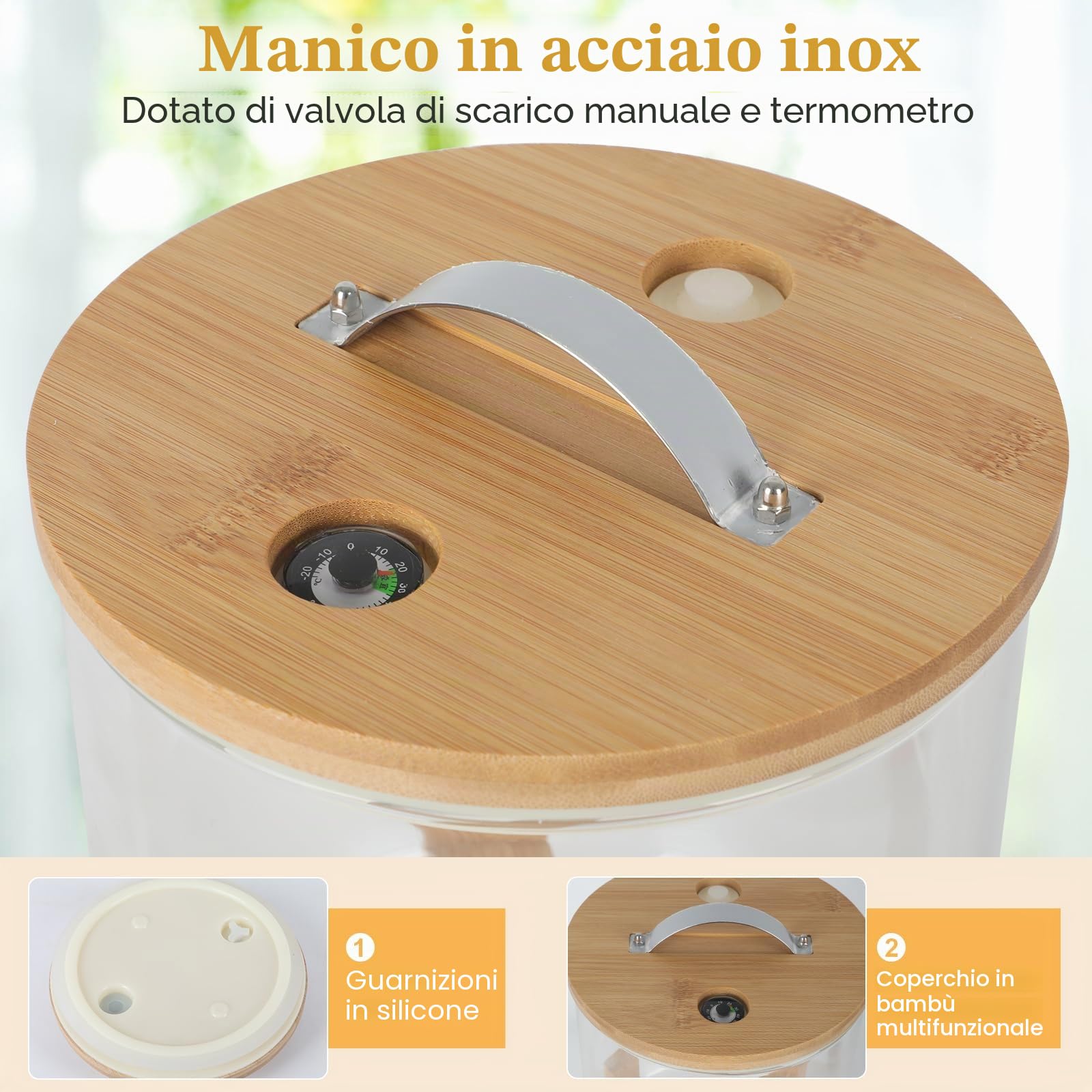 Dispenser per Bevande in Vetro da 5L,con Rubinetto a Tenuta Stagna,Bocca Larga,Coperchio e Supporto in Legno,Decanter per Whisky,Dispenser Bevande per Festa,Acqua,Cocktail,Jus,e Bevande Liquori
