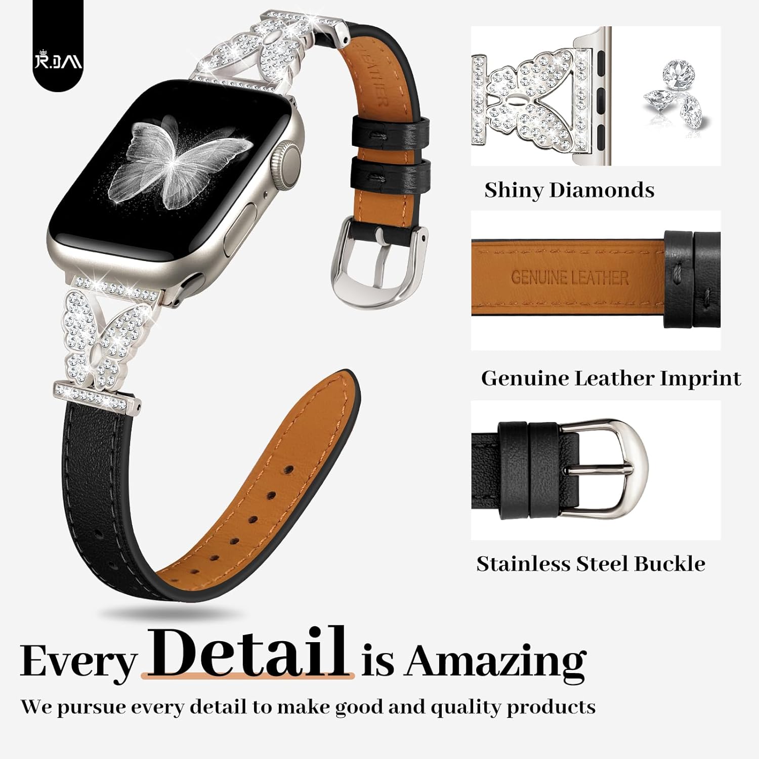 JR.DM Leather Watch Bands for Women Compatible with Apple Watch 46mm 42mm(S3/2/1) 44mm 45mm 49mm Black Bling Butterfly Connector Slim Leather Strap for iWatch Series 11/10/9/8/7/6/5/4/3/2/1/SE/Ultra - Image 2