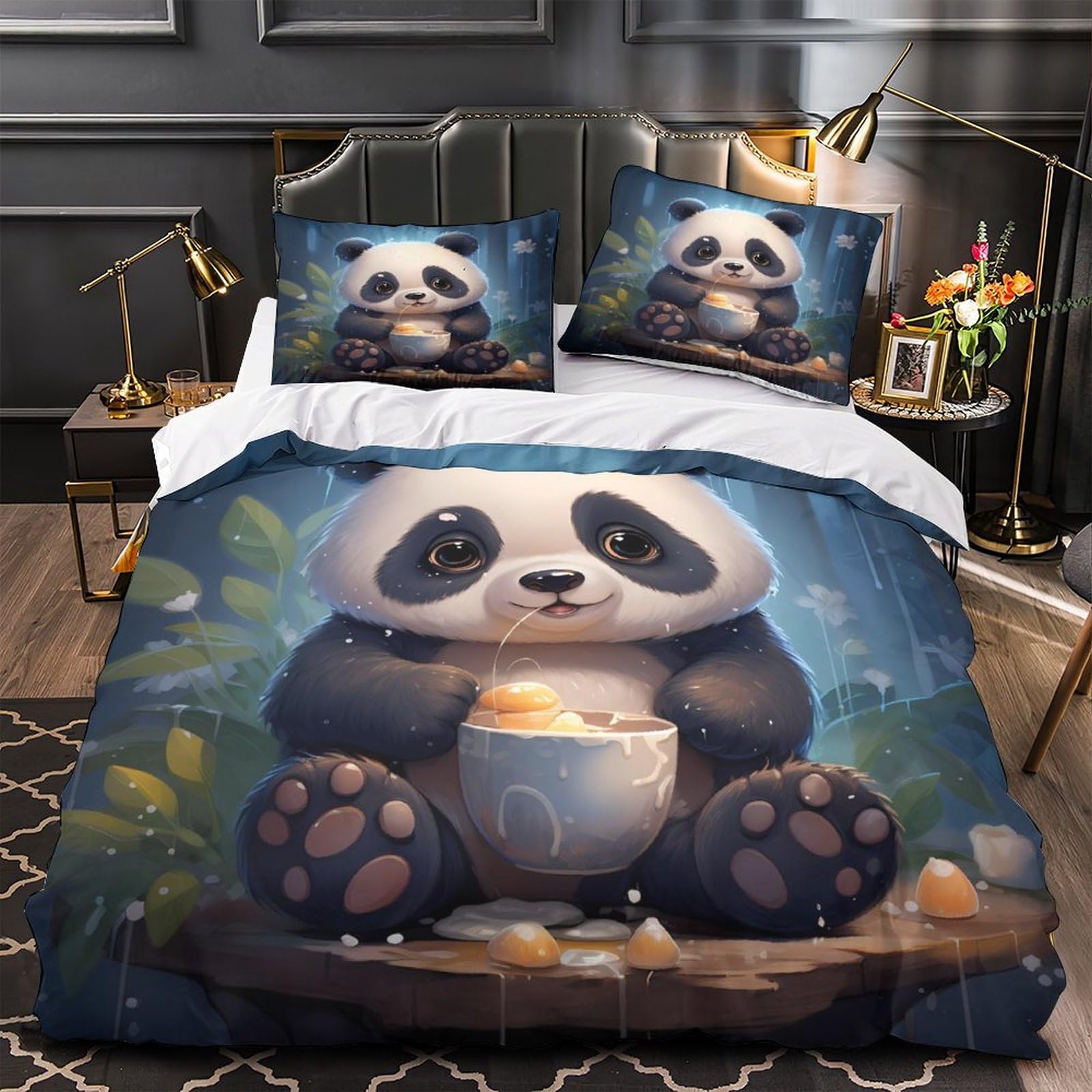 Housse de couette panda 140x200 parure de lit 3D imprimée avec fermeture éclair