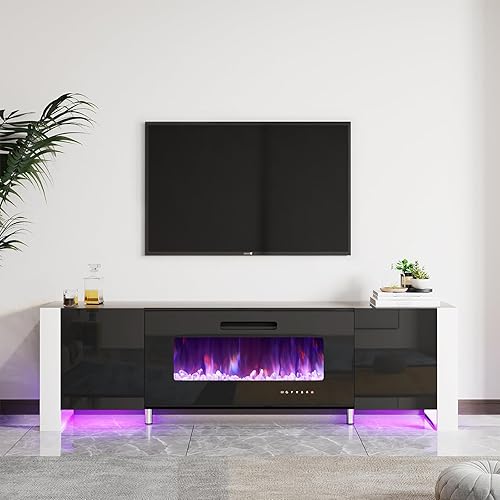 Miniatura 2 de AMERLIFE Soporte de TV con chimenea de 36 pulgadas, centro de entretenimiento moderno de 70 pulgadas con puertas de alto brillo y luces LED, patas