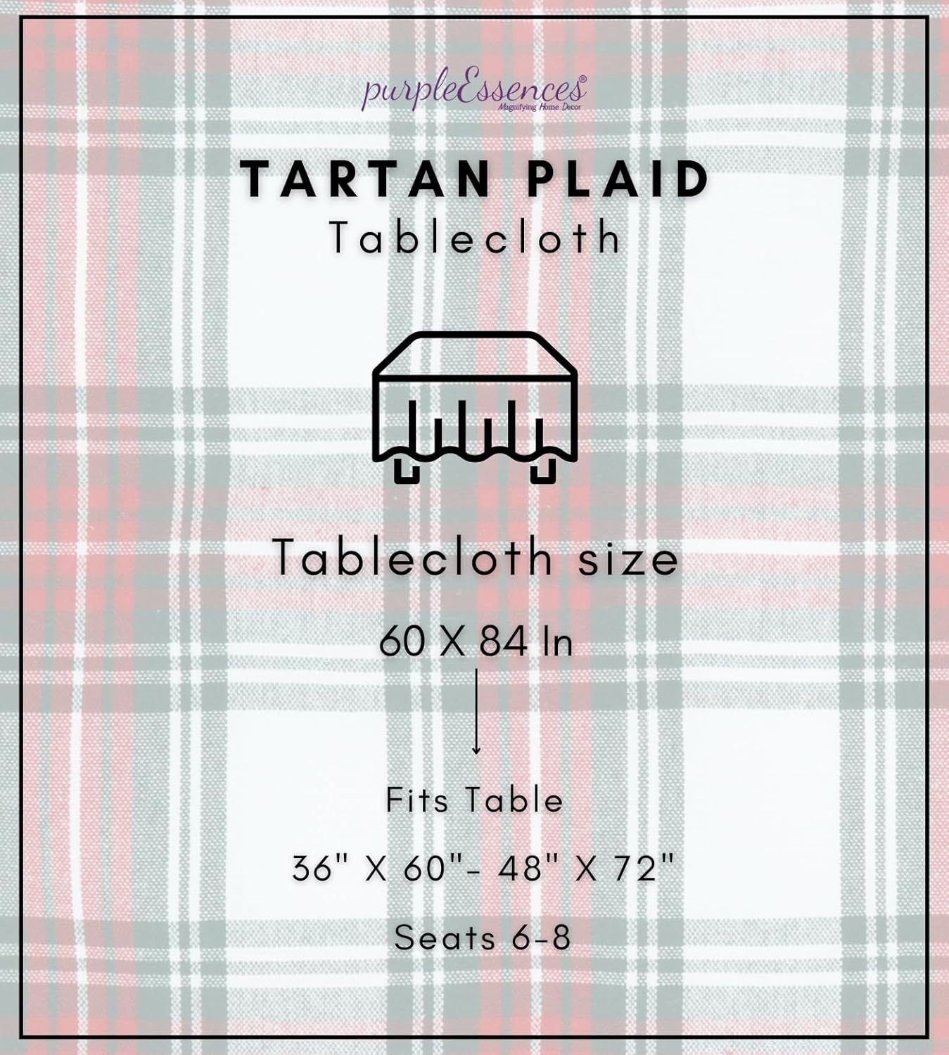PurpleEssences Tartan Plaid Tablecloth - Water Resistant Wipeable Washable Checkered Table Cloth for Outdoor Picnic Dining - Spring Easter Summer - 60 x 84 Inch - Red and White