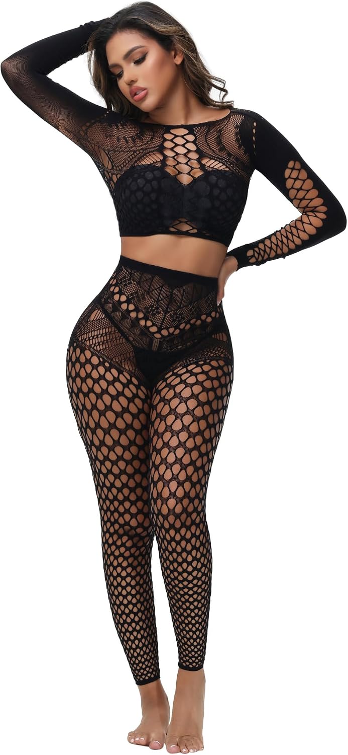 Women's Fishnet Lingerie Sets Long Sleeve Mesh Bodysuits | Footless Wear Own Shoes No Rips, Stretchy Hugs Curves Without Rolling, Rave Festival Date Costume Layer, Fits 88-198 LBS