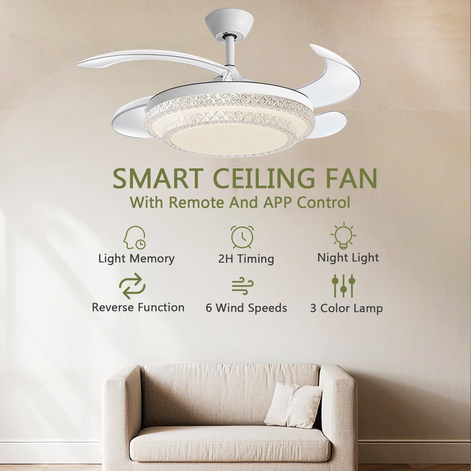 Ventilatore da soffitto con Luce, Telecomando, LED dimmerabile, 6 velocità, Moderno, Intelligente, Silenzioso, Adatto per Camera da Letto, Soggiorno, Sala da Pranzo.