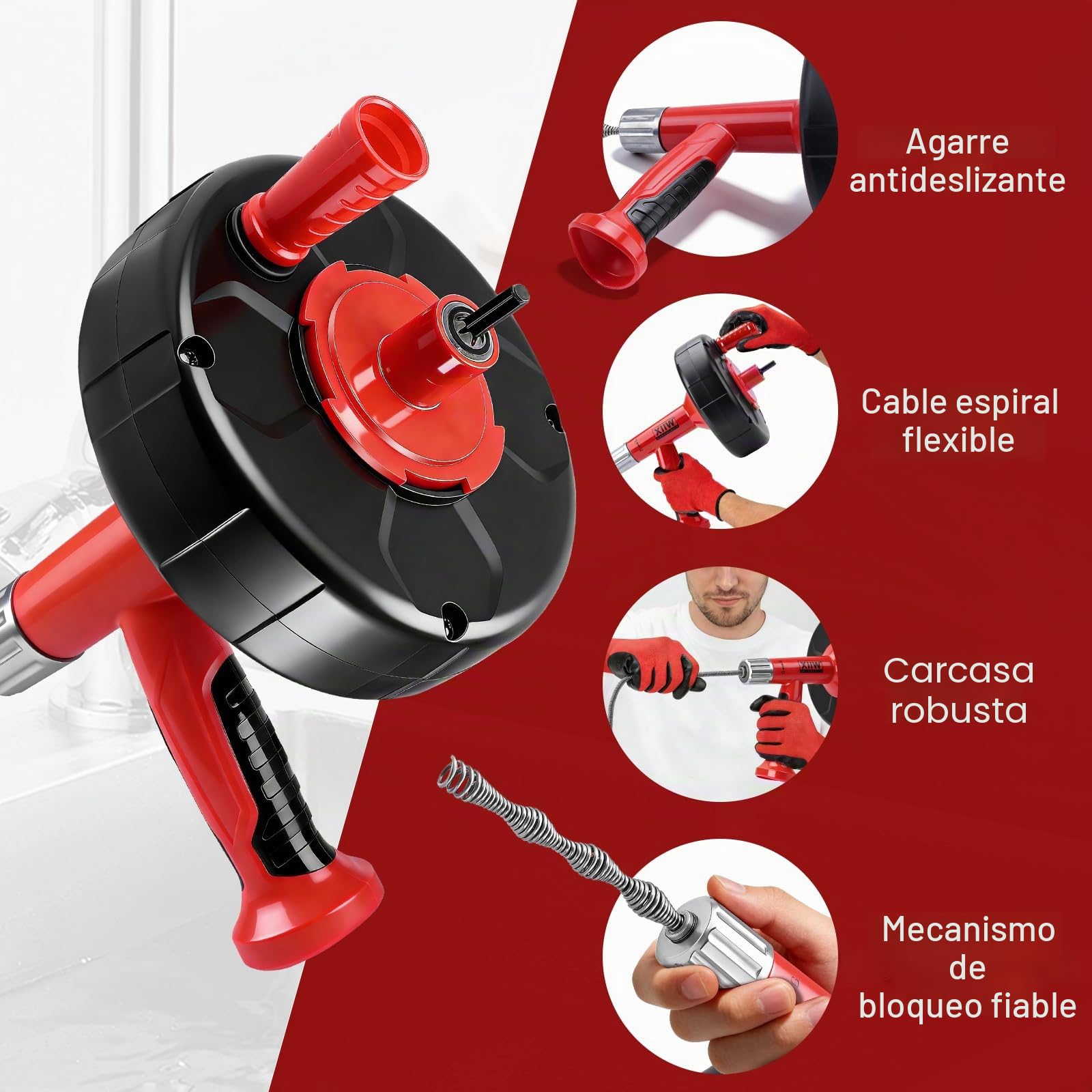XIIW Desatascador tuberías 9,5m espiral flexible con adaptador - 2-en-1 manual y eléctrico - kit profesional limpiador de desagües - limpieza de tuberías para baño, cocina y balcón | Desatascador de desagües en espiral, desagües obstruidos, respetuoso con