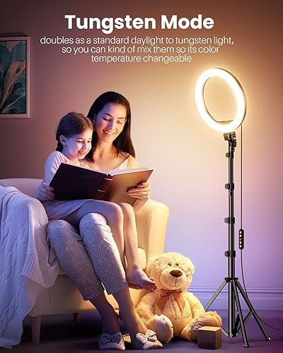 Miniatura 5 de Weilisi Anillo de luz de 12 pulgadas con soporte de 72 pulgadas de alto y 2 soportes para teléfono, 38 modos de color, luz para selfie con soporte