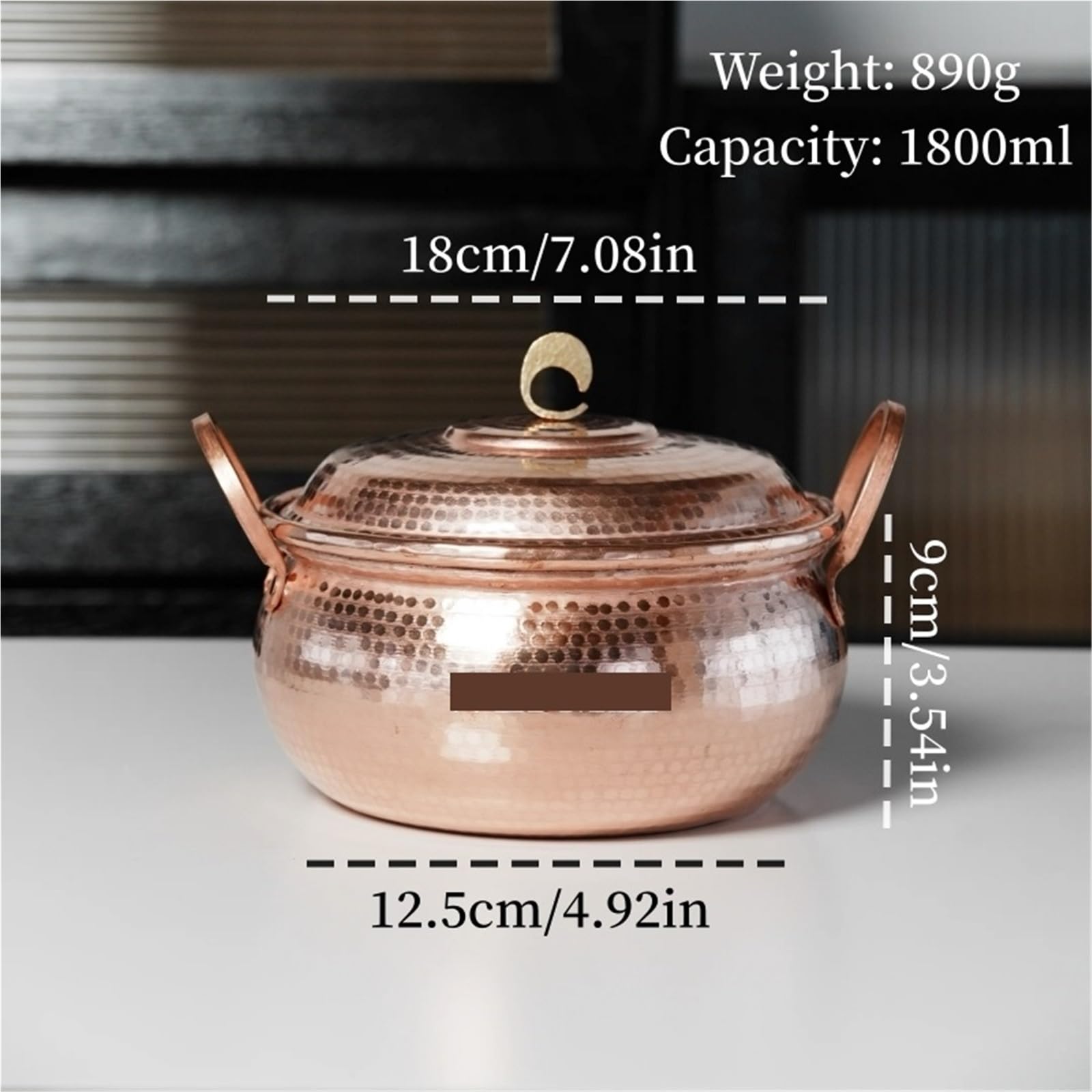 Hammered Kupfertopf Handgefertigter runder Nudeltopf aus reinem Kupfer, mit Deckel, Hammerstruktur, 18 cm, Picknick, Pfannengeschirr flachem Boden und Griff